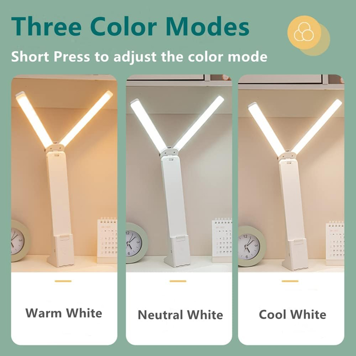 Das Bild zeigt eine Lampe mit drei Farbmodi: warm, neutral und kühlweiß. Jeder Modus wird mit Licht und Beschriftungen angezeigt.