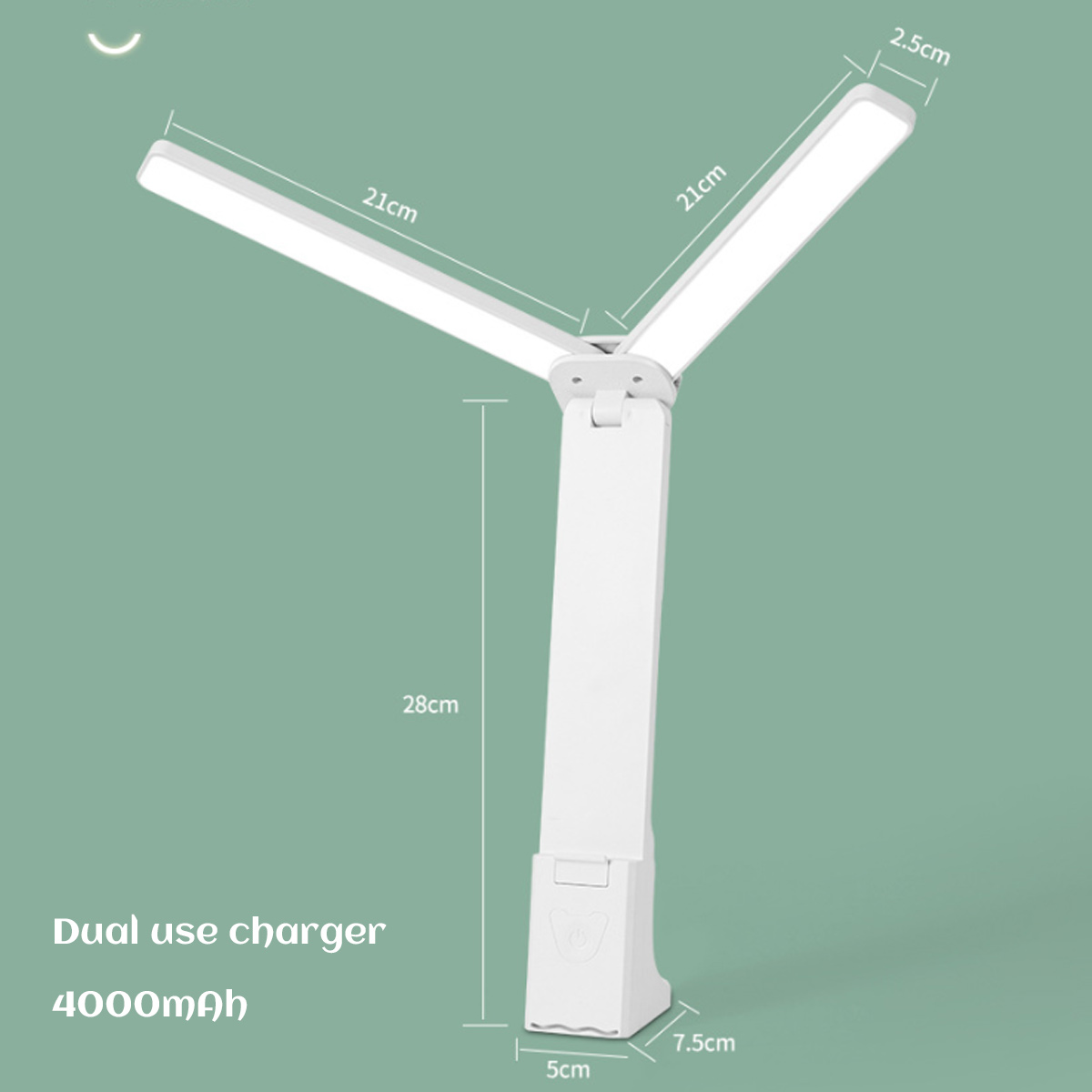 Eine weiße LED-Schreibtischlampe wird vor einem grünen Hintergrund gezeigt. Abmessungen werden angegeben, die die Maße der Lampenteile angeben.
