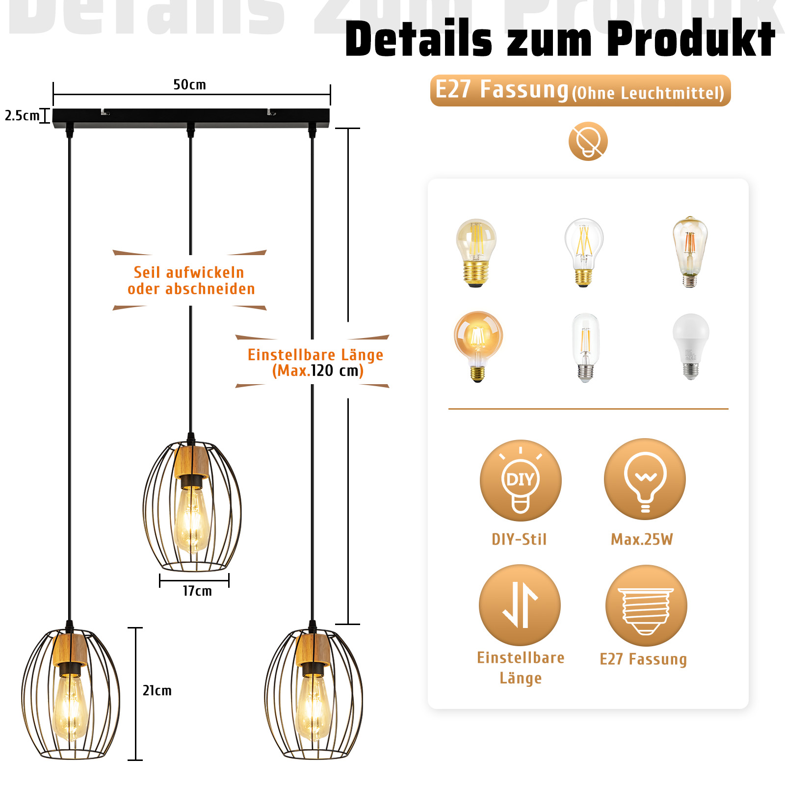 Ein Diagramm zeigt eine Deckenleuchte mit drei Hängelampen, Abmessungen und Symbolen, die Funktionen beschreiben.