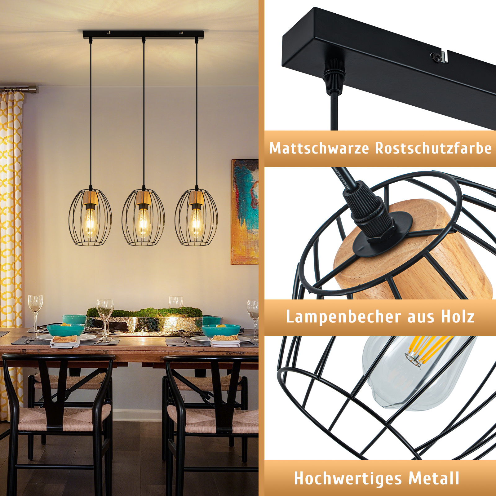 Drei Pendelleuchten über einem Esstisch, schwarzes Metallkäfigdesign, mit Holz und sichtbaren Glühbirnen.