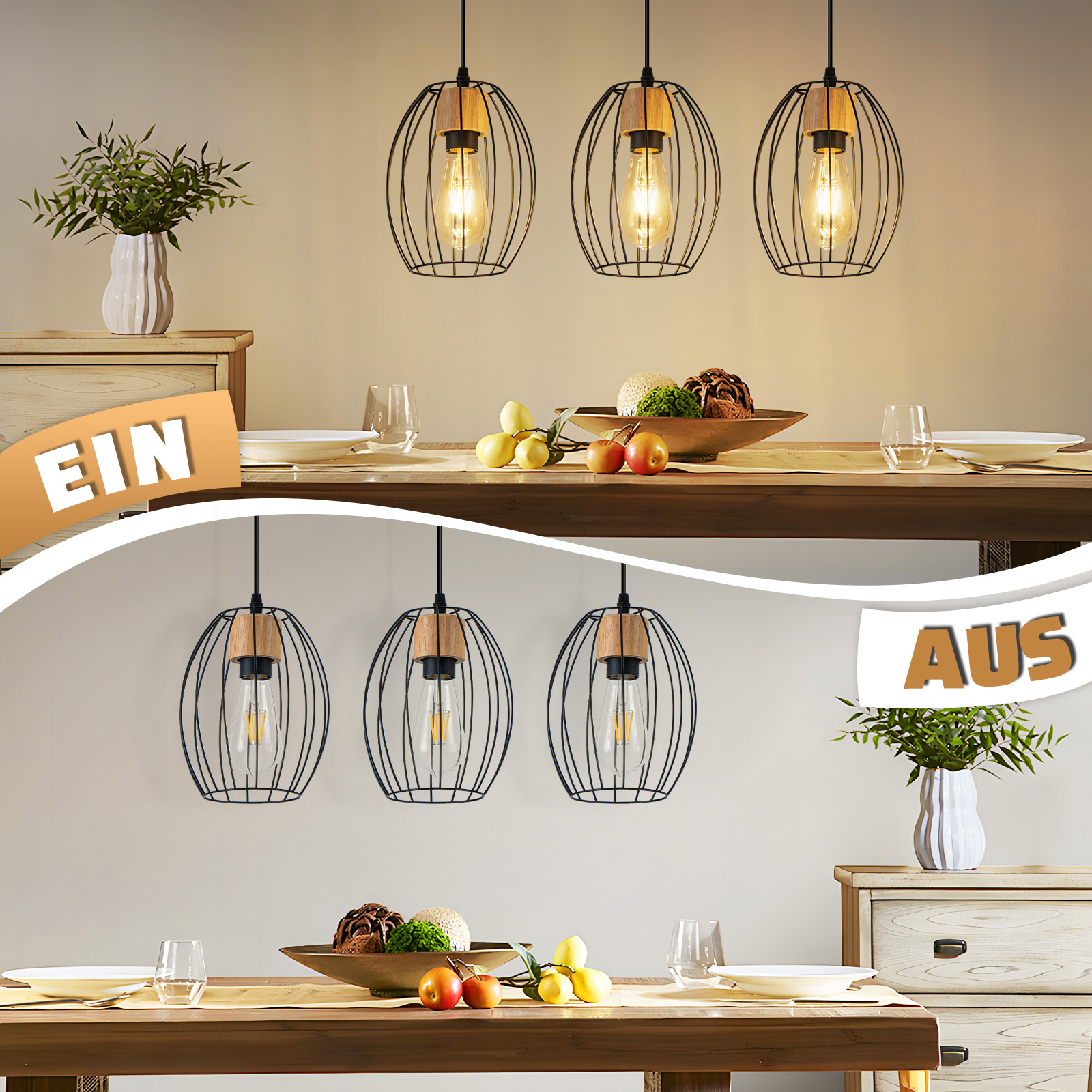 Das Bild zeigt Hängelampen über einem Esstisch mit Früchten, Gläsern und einer Vase. Die Wörter 'EIN' und 'AUS' sind sichtbar.