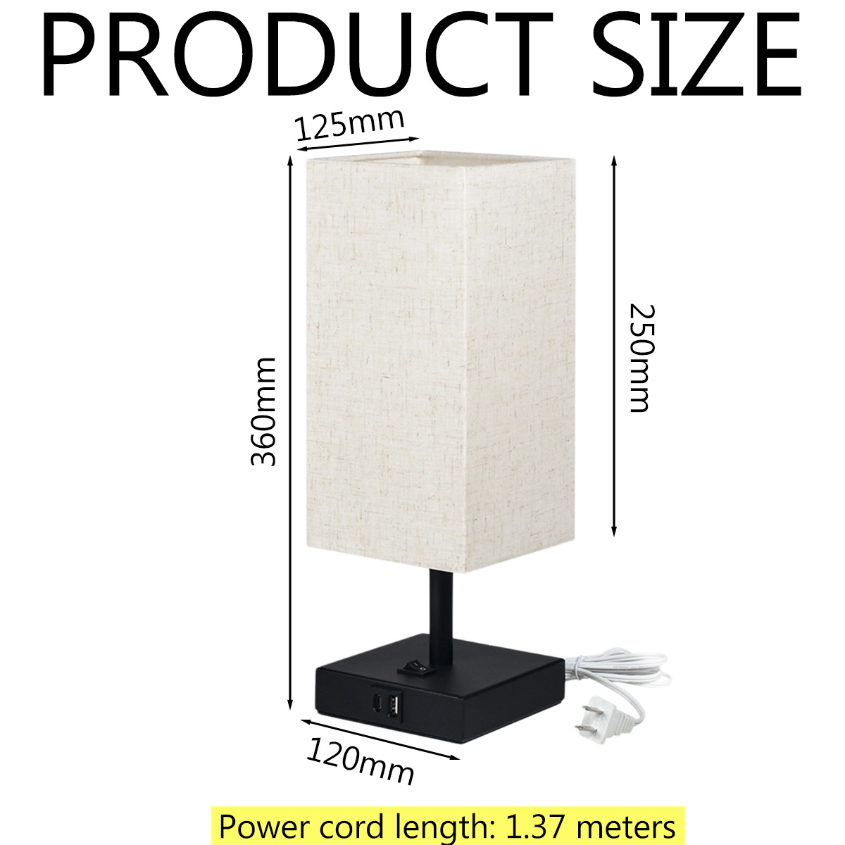 Produktbild einer Lampe mit Abmessungen. Die Lampe hat einen beigen Schirm, einen schwarzen Sockel und ein Netzkabel. Text: PRODUKTGRÖSSE.