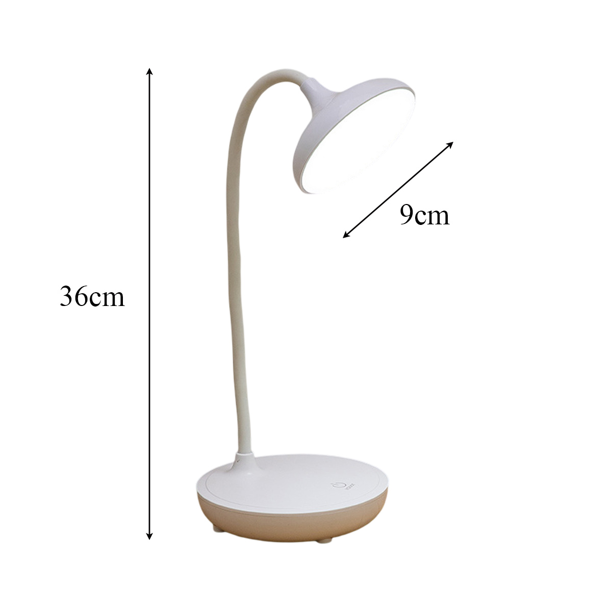 Eine weiß-beige Schreibtischlampe mit gebogenem Arm und rundem Sockel. Sie ist 36 cm hoch und der Lampenkopf ist 9 cm groß.