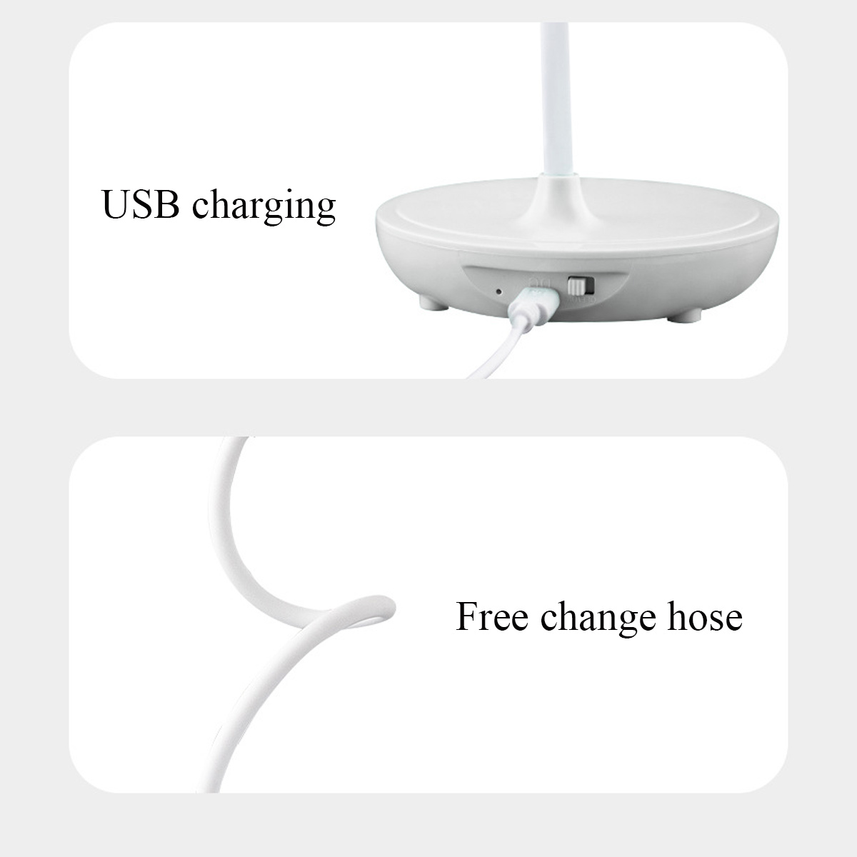Weiße Schreibtischlampe mit USB-Ladefunktion und flexiblem Schlauch. Textbeschriftungen: "USB-Aufladung" und "Freier Schlauchwechsel".