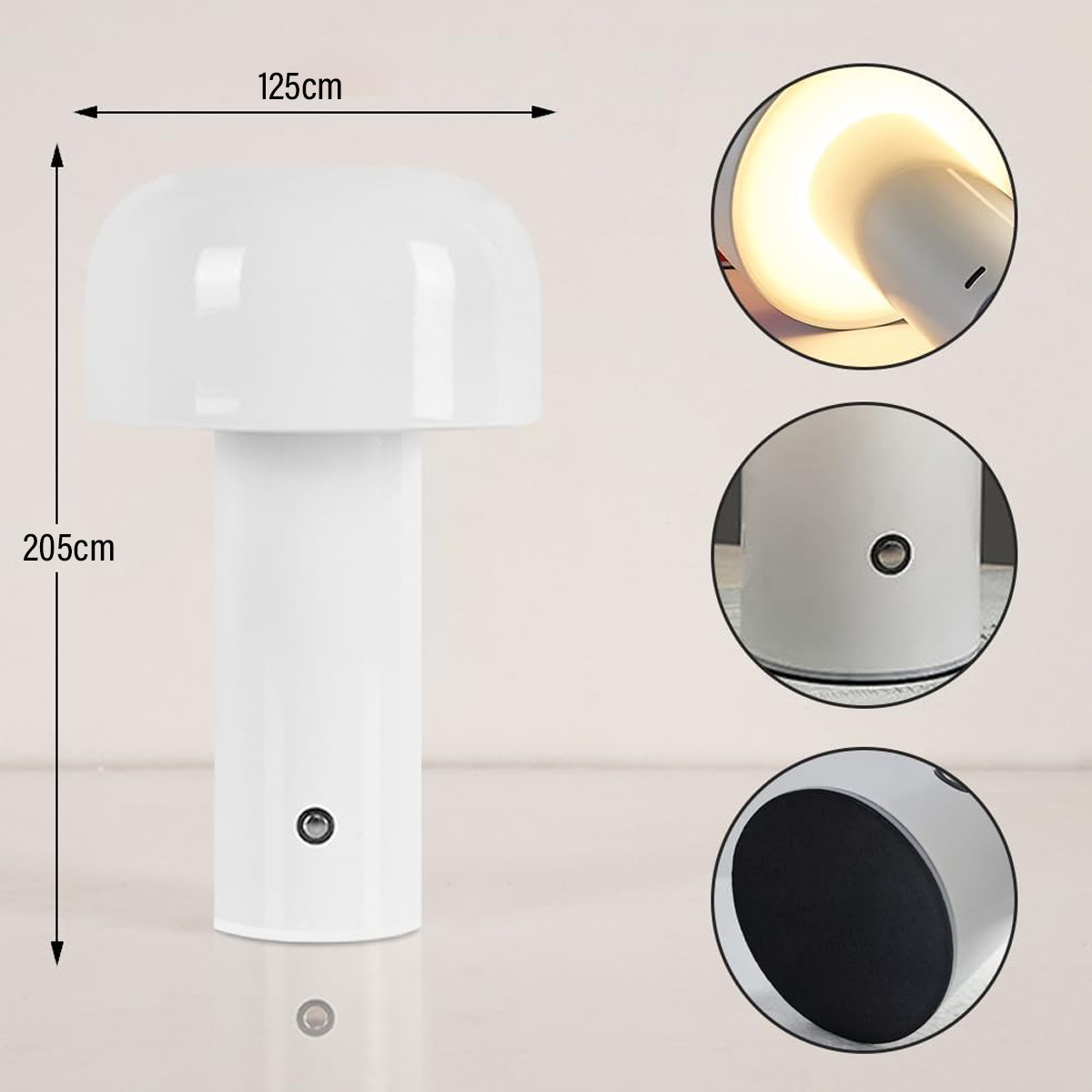 Eine weiße pilzförmige Lampe mit Maßangaben. Details zeigen das Licht der Lampe, einen Knopf und den Sockel.