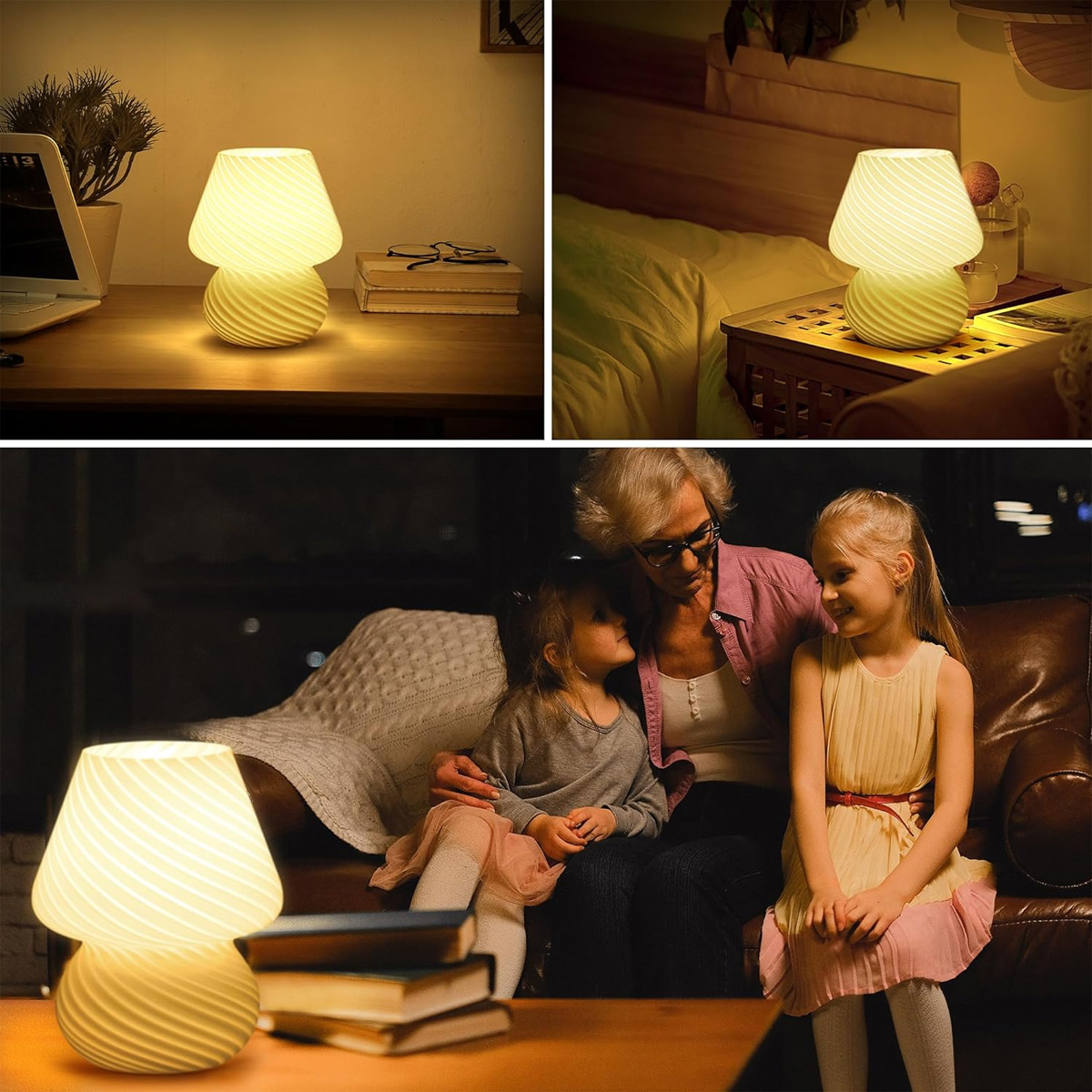 Eine pilzförmige Lampe steht auf einem Tisch. Eine ältere Frau und zwei junge Mädchen sind in einem Raum. Die Lampe beleuchtet den Raum.