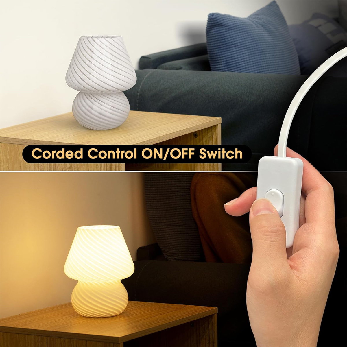 Eine pilzförmige Lampe steht auf einem Holztisch. Eine Hand betätigt den Ein-/Ausschalter. Im Hintergrund sind Sofa und Kissen.