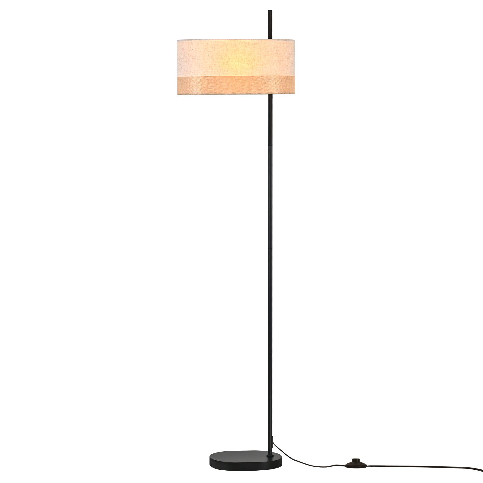 Una lampada da terra alta con base nera e paralume beige su sfondo bianco.