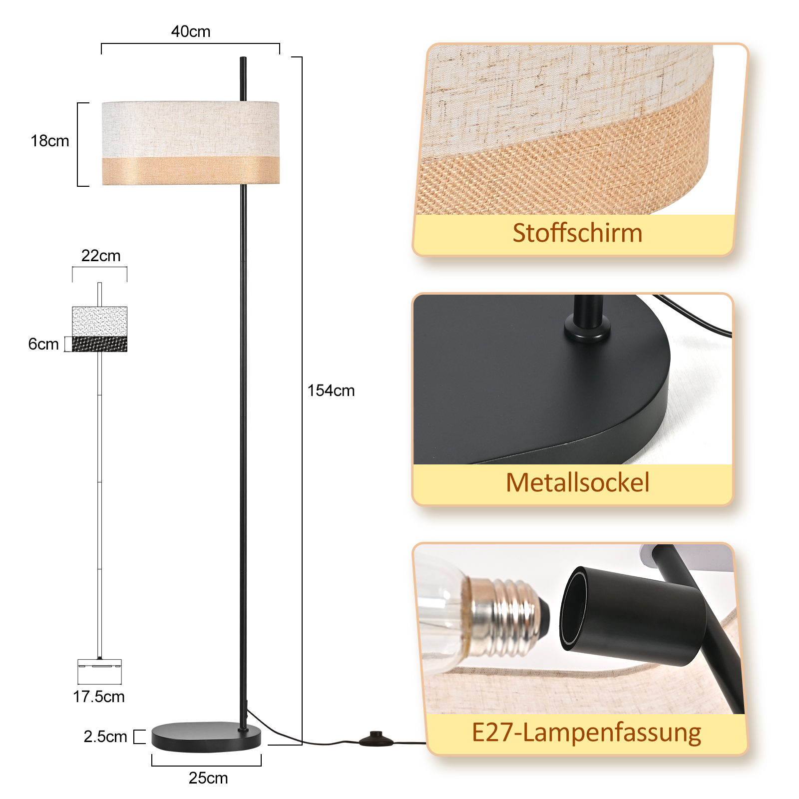 Una lampada da terra con paralume beige e supporto nero. Dettagli includono la base, il paralume e l'attacco.