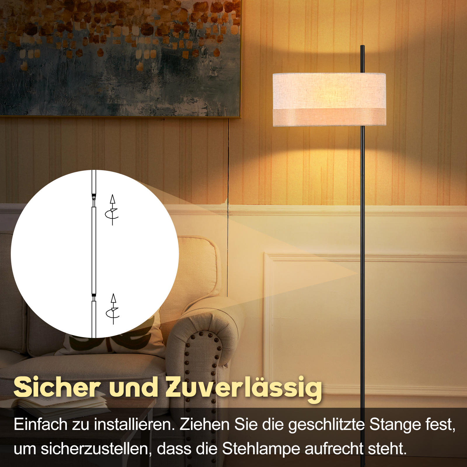 Una lampada da terra con paralume beige. La lampada è accesa, che illumina la stanza. Un diagramma mostra l'installazione.