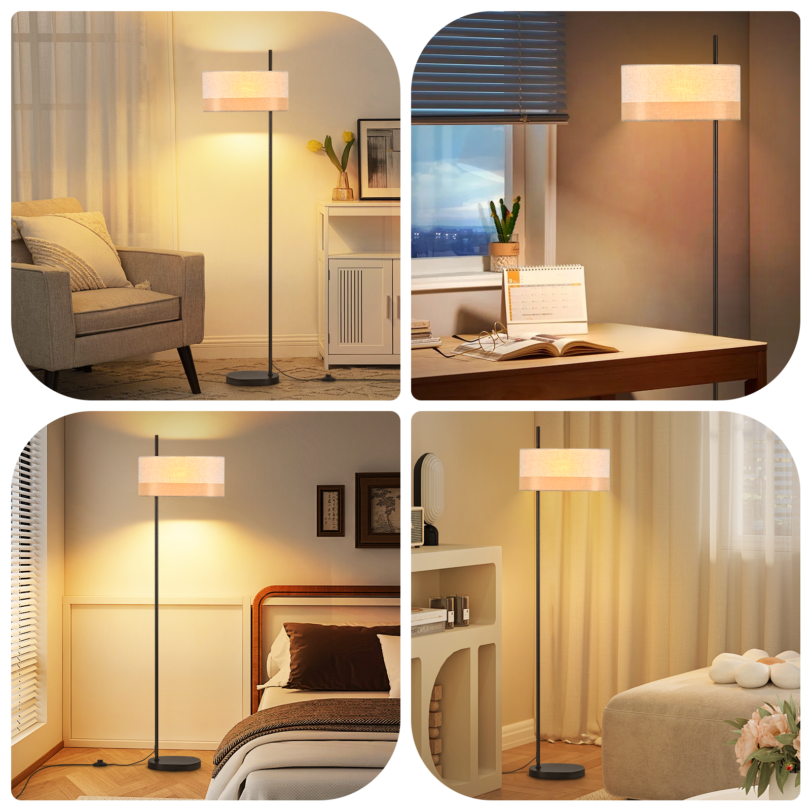 Una lampada da terra con paralume beige in quattro diverse ambientazioni.