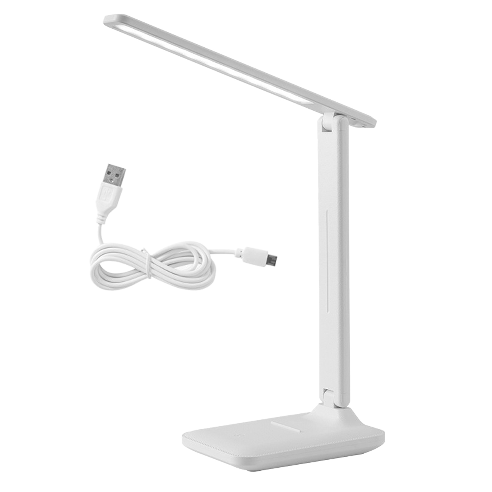 Eine weiße Schreibtischlampe mit USB-Kabel. Die Lampe hat einen verstellbaren Kopf und einen rechteckigen Fuß.