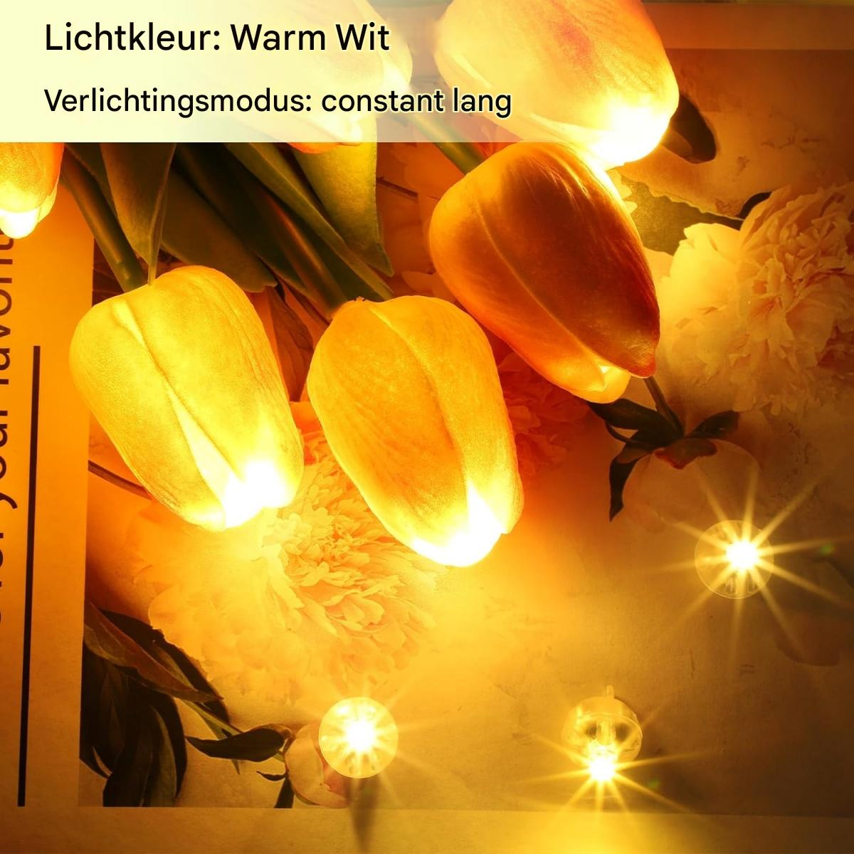 Nahaufnahme von warmweißen, tulpenförmigen Lichtern. Hintergrund zeigt Blumen und andere Lichter, mit Text, der die Lichtfarbe und den Modus angibt.