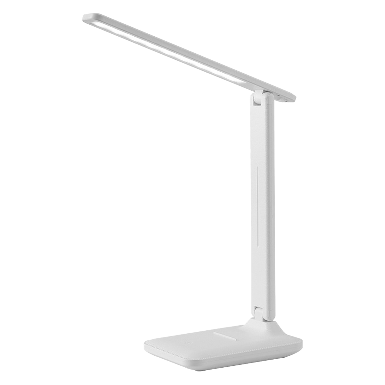 Weiße Schreibtischlampe mit rechteckigem Fuß und langem, verstellbarem Arm. Die Lampe ist eingeschaltet.