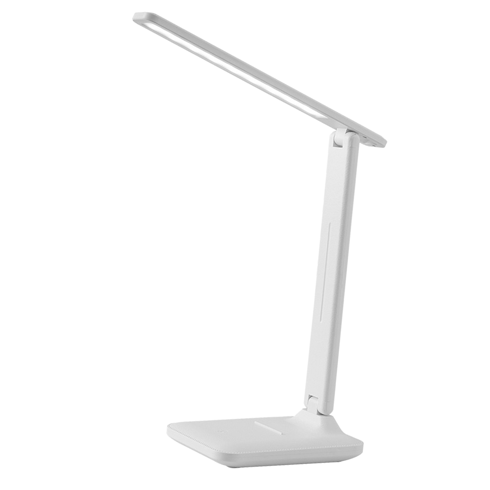 Eine weiße LED-Schreibtischlampe wird gezeigt. Sie hat einen verstellbaren Arm und einen rechteckigen Fuß. Das Licht ist an.