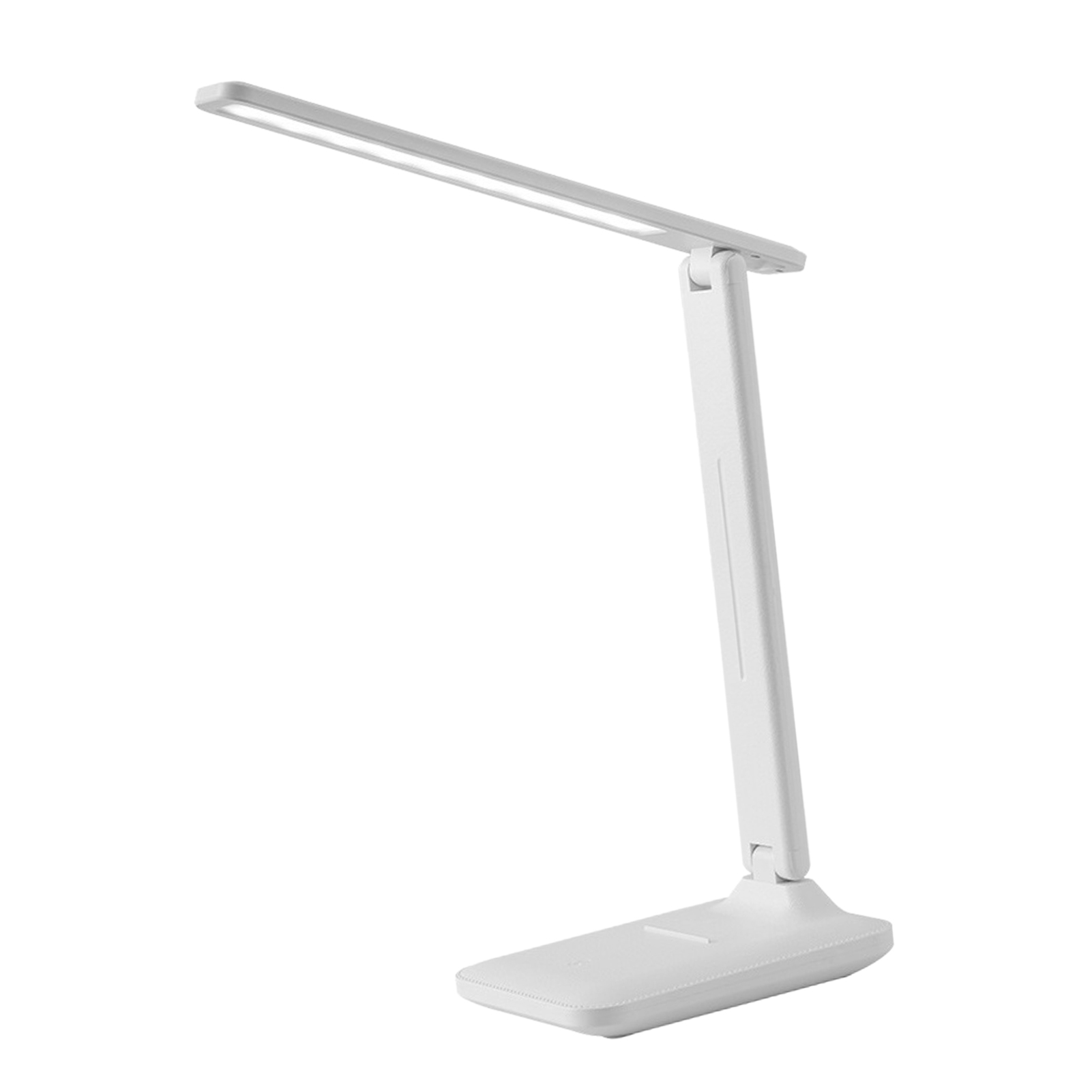 Eine weiße LED-Schreibtischlampe auf weißem Hintergrund. Die Lampe ist abgewinkelt. Sie hat einen rechteckigen Kopf und Fuß.