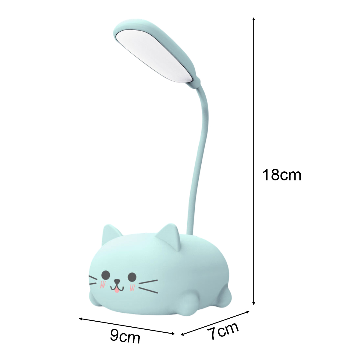 Eine hellblaue, katzenförmige Schreibtischlampe. Sie hat einen flexiblen Hals und einen rechteckigen Lichtkopf. Maße sind 18 cm hoch, 9 cm breit und 7 cm tief.
