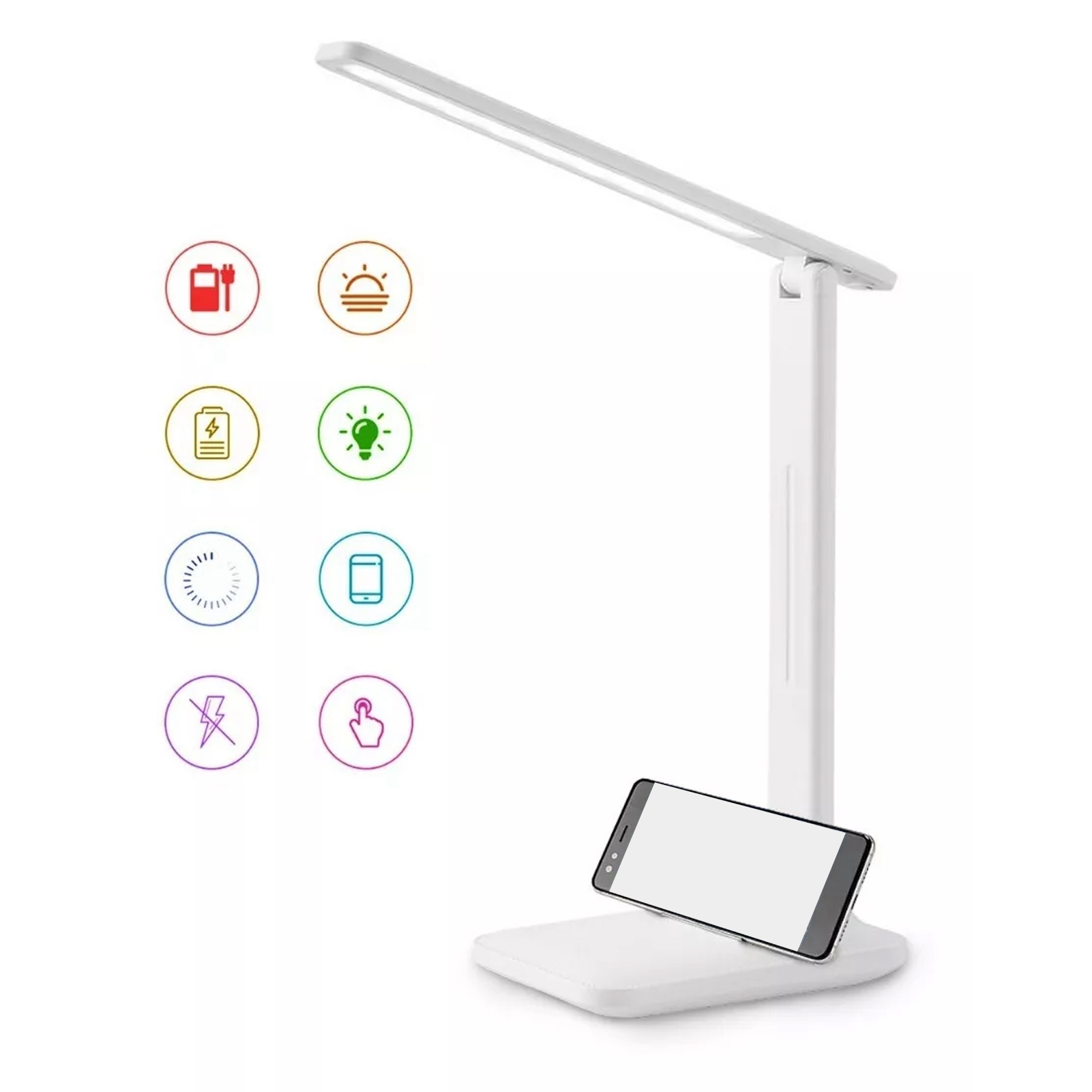 Eine weiße Schreibtischlampe mit einem Telefon, das auf der Basis geladen wird. Symbole für Akku, Licht und andere Funktionen werden angezeigt.