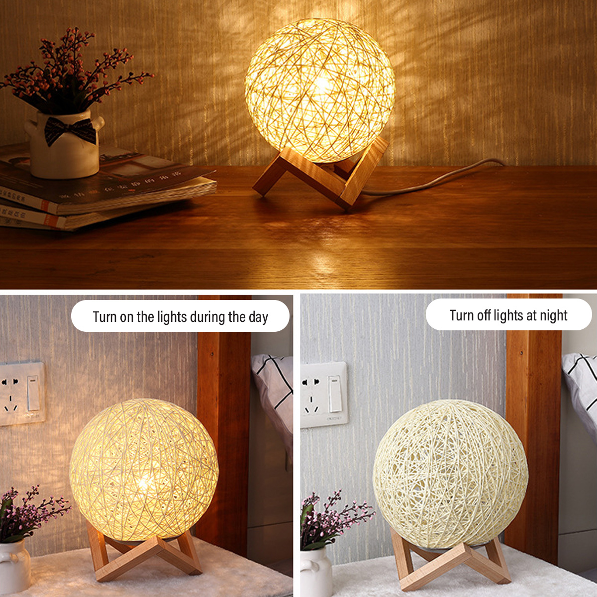 Eine gewebte Kugellampe auf einem Holzständer. Die Lampe leuchtet im oberen Bild und im unteren linken Bild. Das rechte untere Bild zeigt die Lampe ausgeschaltet.