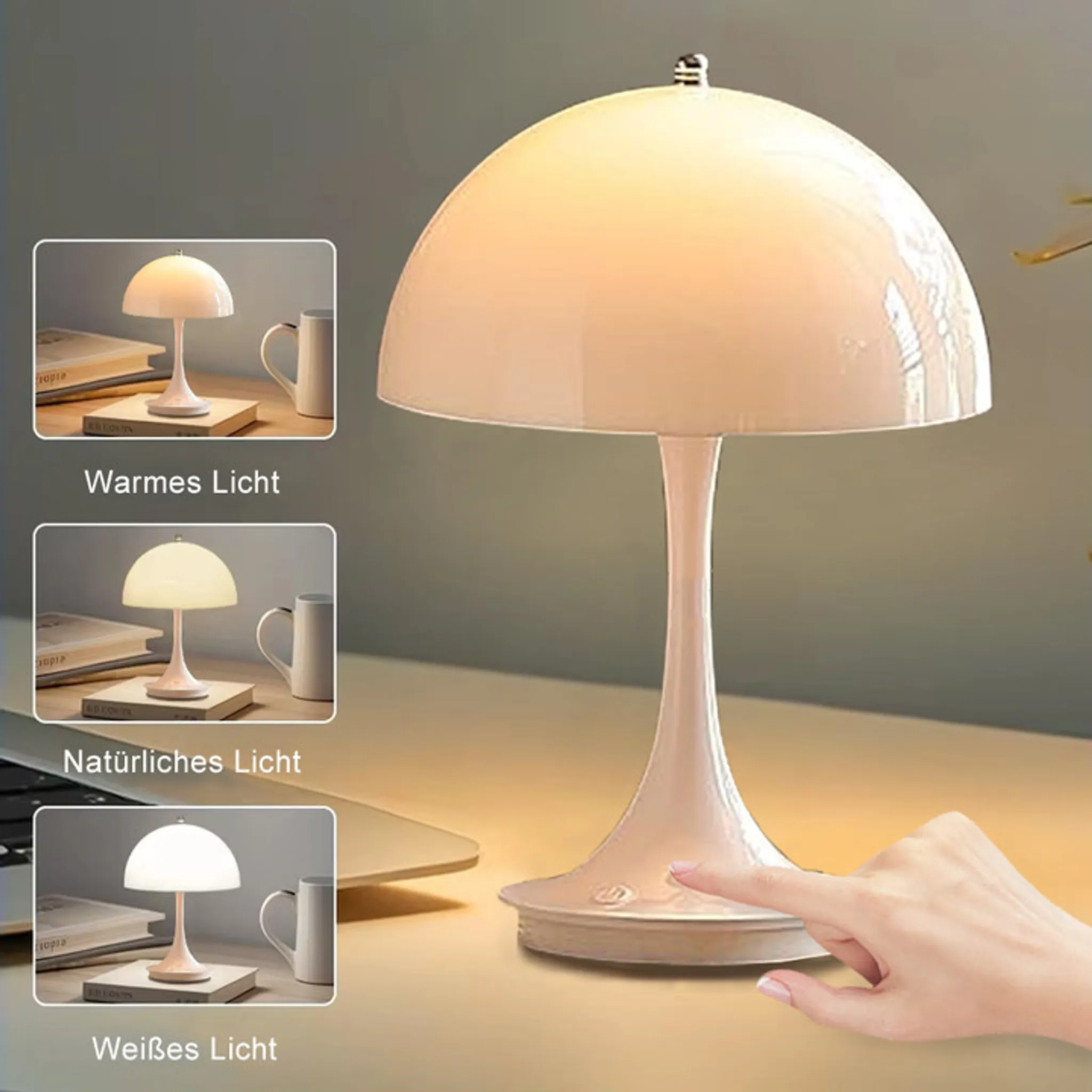 Eine pilzförmige Lampe steht auf einem Tisch. Eine Hand berührt die Lampe. Es gibt drei kleinere Lampen in einem Raster.