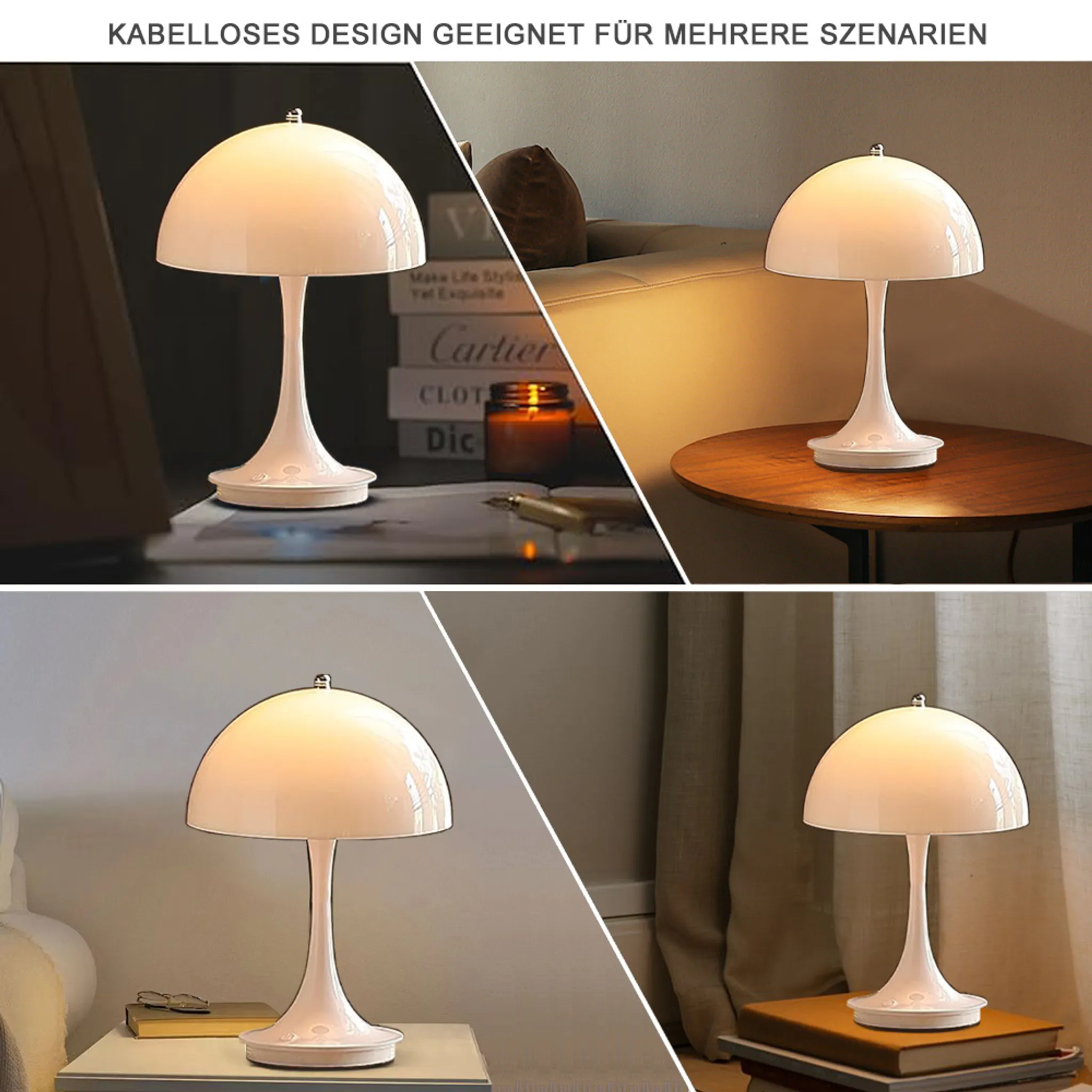 Das Bild zeigt eine weiße, pilzförmige Lampe in verschiedenen Umgebungen. Sie steht auf einem Tisch, neben Büchern und auf einer Holzoberfläche.
