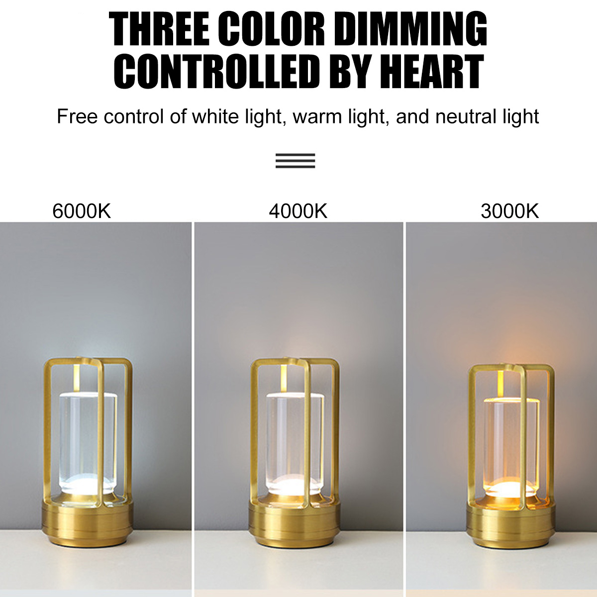 Das Bild zeigt eine Lampe mit drei Lichteinstellungen: weiß, neutral und warm. Der Text lautet 'Three Color Dimming Controlled By Heart'.