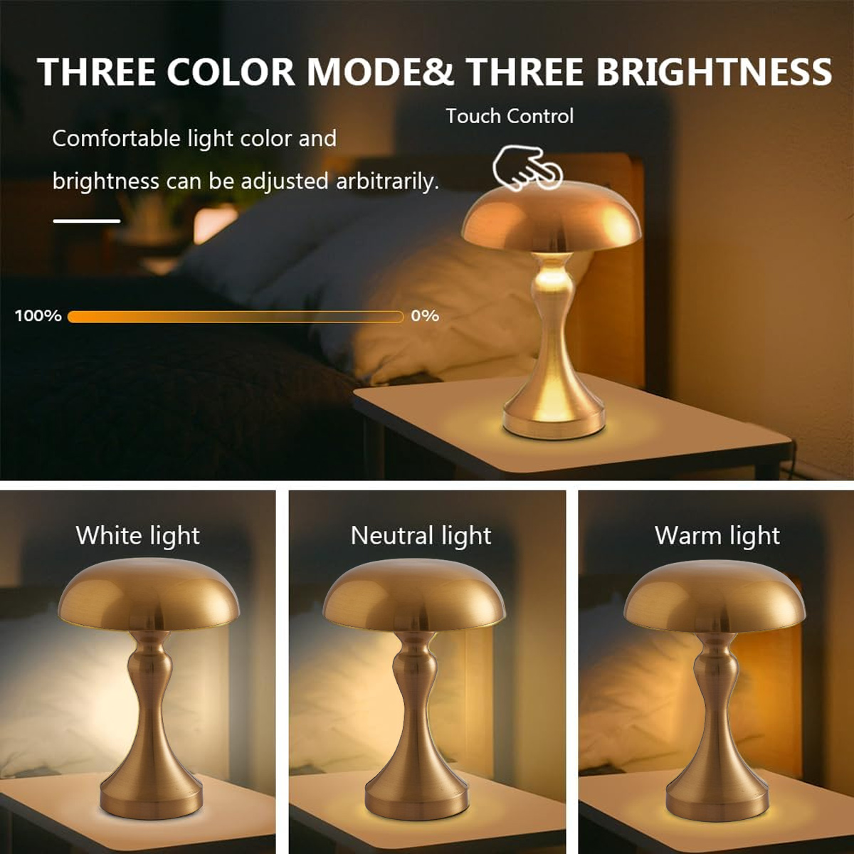 Das Bild zeigt eine pilzförmige Lampe mit drei Lichtmodi. Außerdem zeigt ein Handsymbol die Touch-Steuerung an. Die Helligkeit kann angepasst werden.