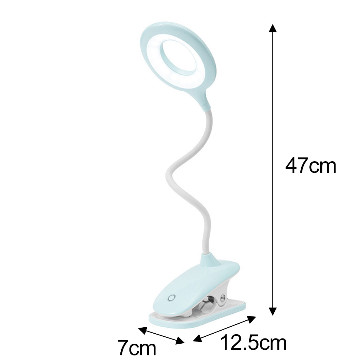 Eine blau-weiße LED-Klemmleuchte. Sie hat einen kreisförmigen Leuchtkopf, einen flexiblen Hals und einen Klemmfuß. Abmessungen sind angegeben.
