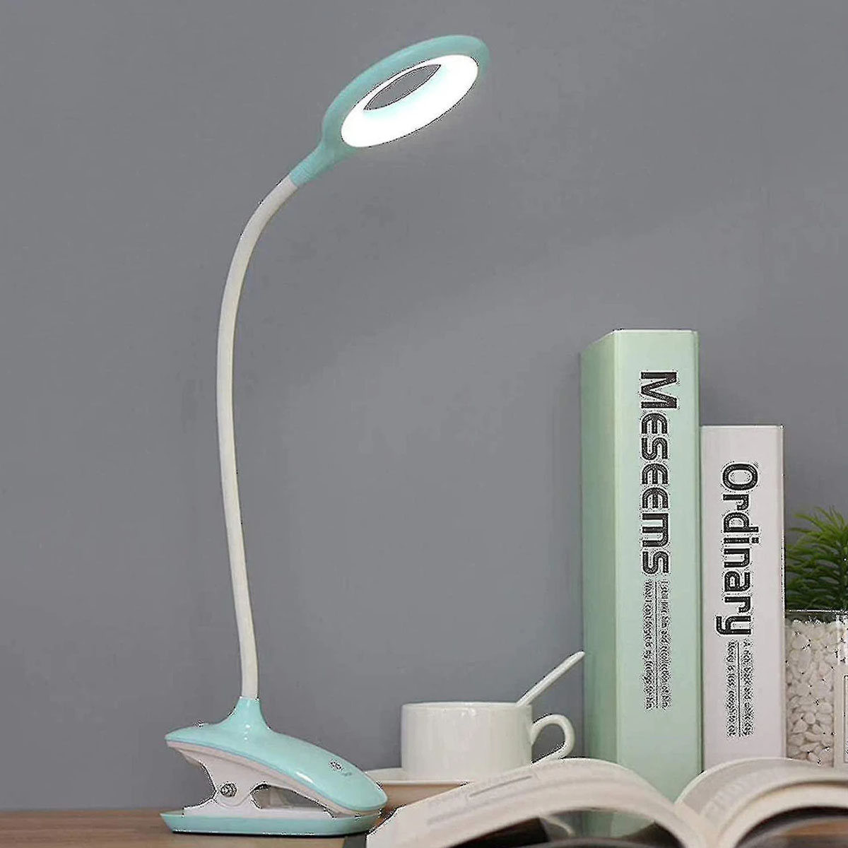 Eine Schreibtischlampe mit weißem Licht ist eingeschaltet. Auf dem Schreibtisch befinden sich Bücher, eine Tasse und eine kleine Pflanze.