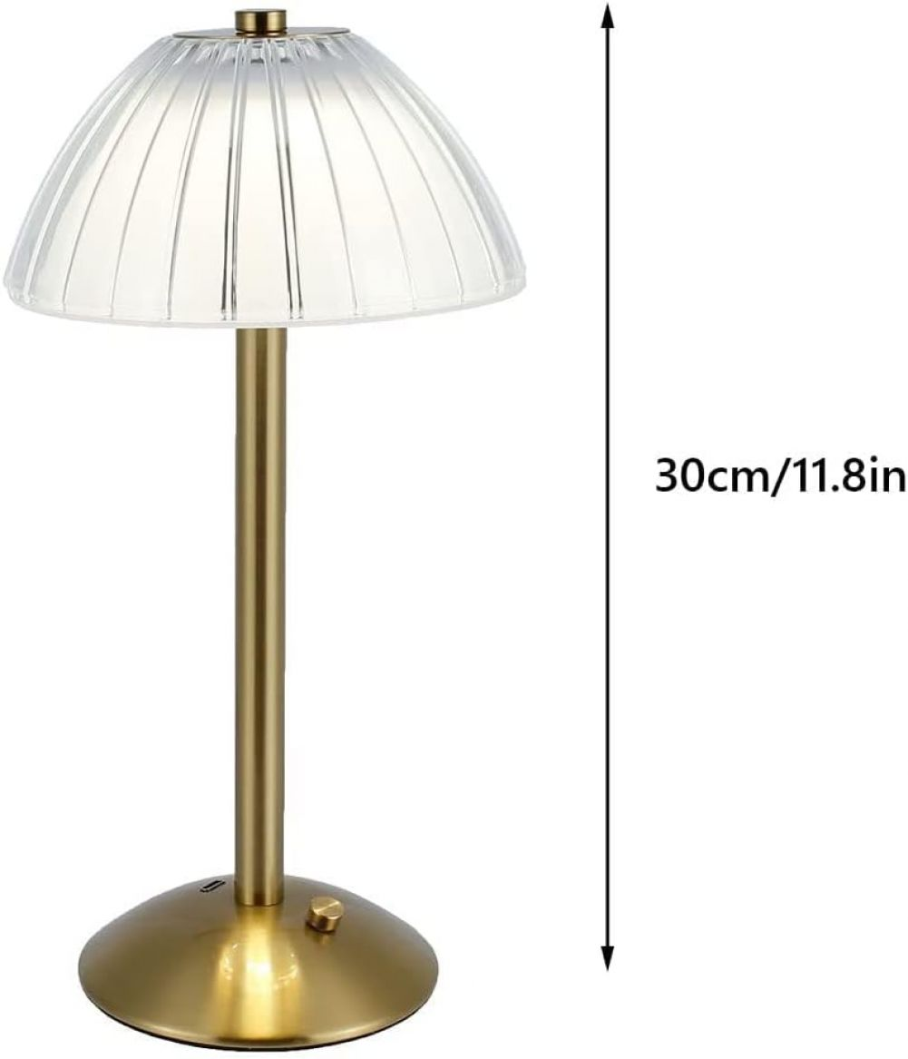 Goldene Tischlampe mit transparentem, geripptem Lampenschirm. Ein schwarzer Pfeil zeigt die Höhe von 30 cm/11,8 Zoll an.