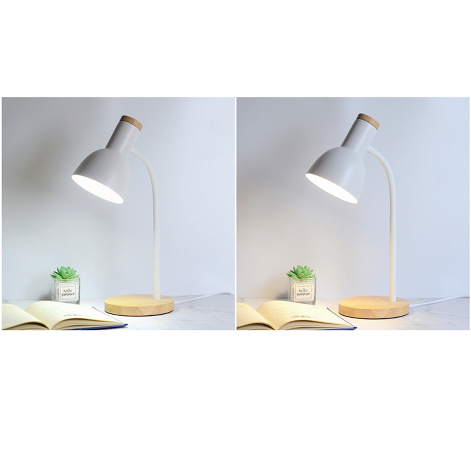 Eine weiße Schreibtischlampe mit Holzsockel beleuchtet einen Schreibtisch. Auf dem Schreibtisch befinden sich auch eine Sukkulent und ein offenes Buch.