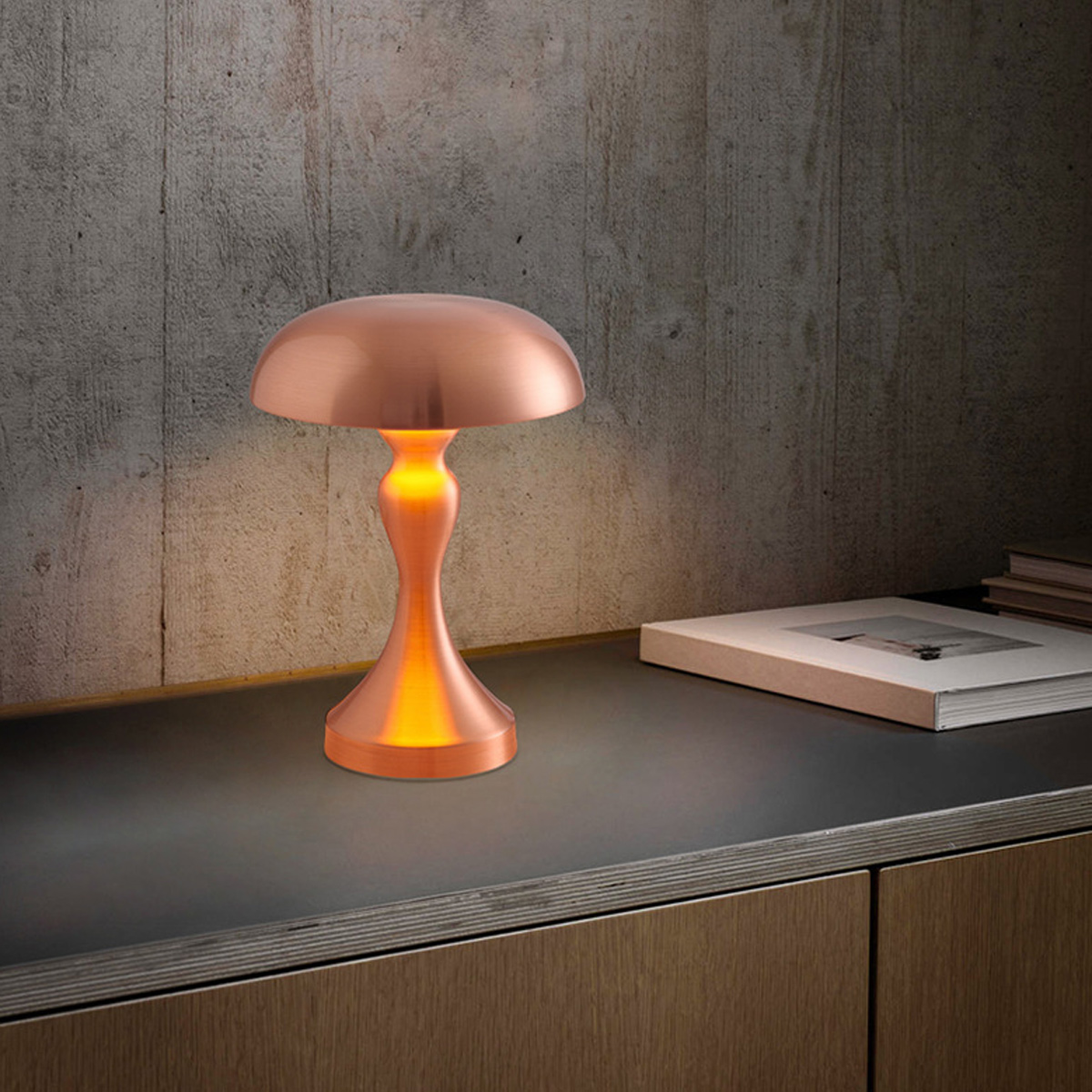 Eine kupferfarbene Lampe mit pilzförmigem Schirm steht auf einer Holzoberfläche. Im Hintergrund ein Buch und eine Betonwand.