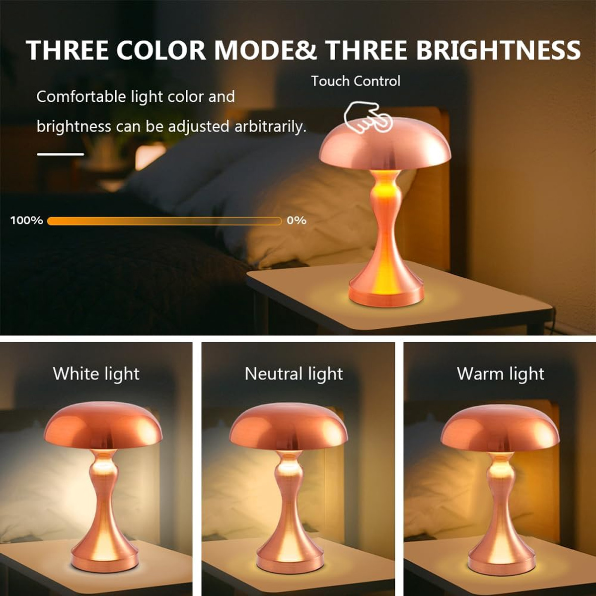 Das Bild zeigt eine pilzförmige Lampe mit einstellbarer Helligkeit. Sie verfügt über drei Lichtmodi: weiß, neutral und warm. Touch-Steuerung ist verfügbar.
