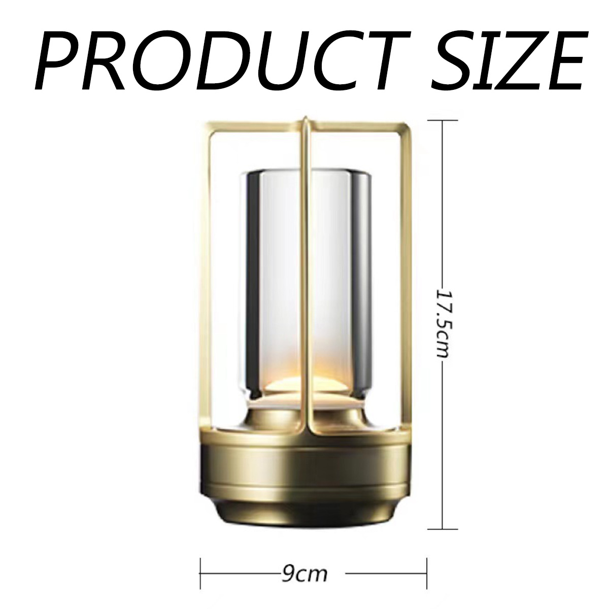 Eine goldene Laternenlampe mit einem Glaszylinder im Inneren. Maße: 17,5 cm hoch und 9 cm breit. Der Text 'PRODUCT SIZE' steht oben.