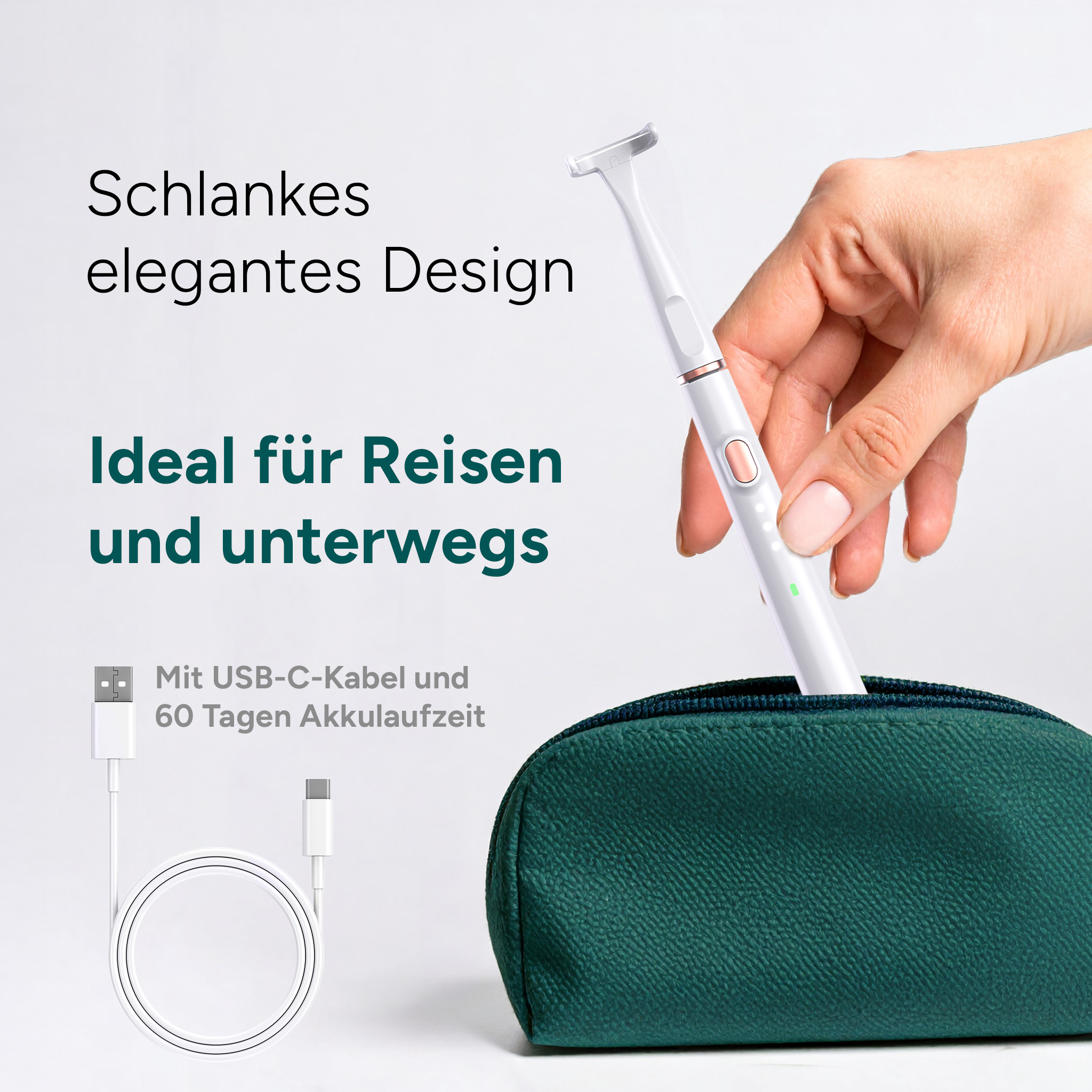 Eine Hand hält eine weiße elektrische Zahnbürste über einem grünen Beutel. USB-C-Kabel. Text: Ideal für Reisen.