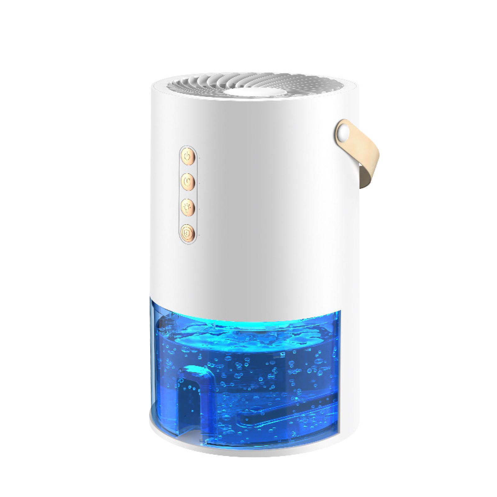 Ein weißer Luftreiniger mit blauem Wassertank. Er hat Steuertasten und einen Holzgriff. Die Oberseite hat einen Ventilator.
