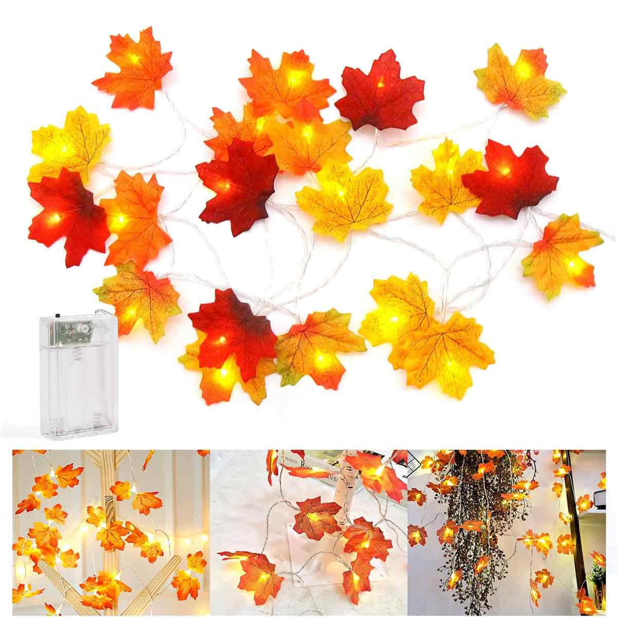 Lichterkette mit Ahornblättern in Gelb, Orange und Rot. Auf der linken Seite befindet sich ein durchsichtiger Akku.