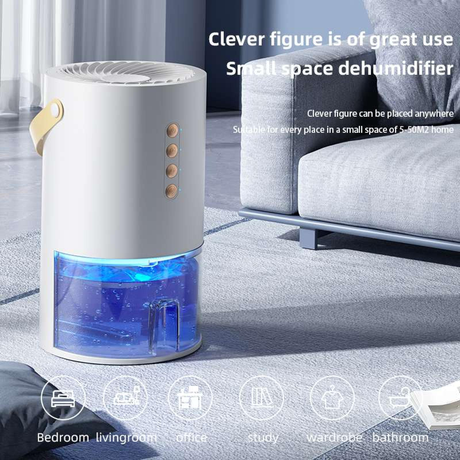 Ein weißer Luftentfeuchter mit blauem Wassertank steht auf grauem Teppich. Im Hintergrund ein Sofa. Symbole zeigen Einsatzbereiche.