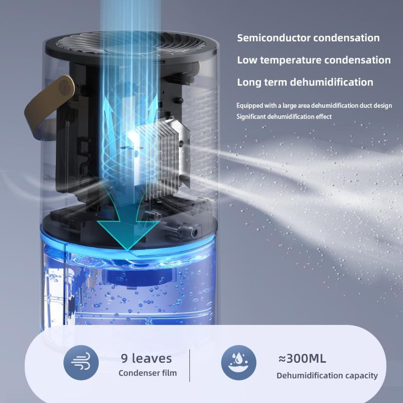 Ein Luftentfeuchter mit blauem Luftstrom, Text über Kondensation und einer Kapazität von 300 ml. Er hat einen transparenten Wassertank.