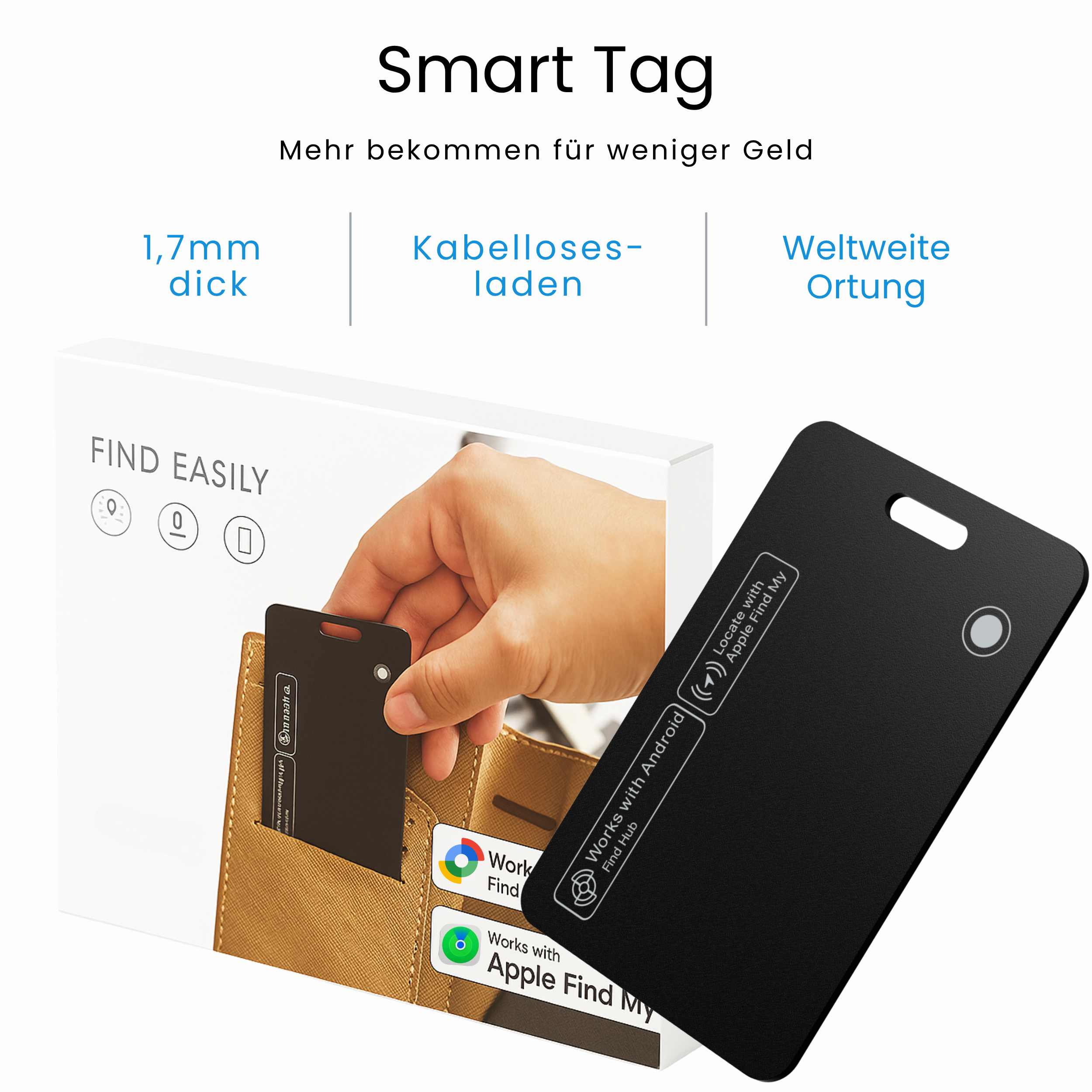 Eine Hand hält einen schwarzen Smart Tag neben einer Geldbörse. Auf dem Tag steht 'Locate with Apple Find My'.