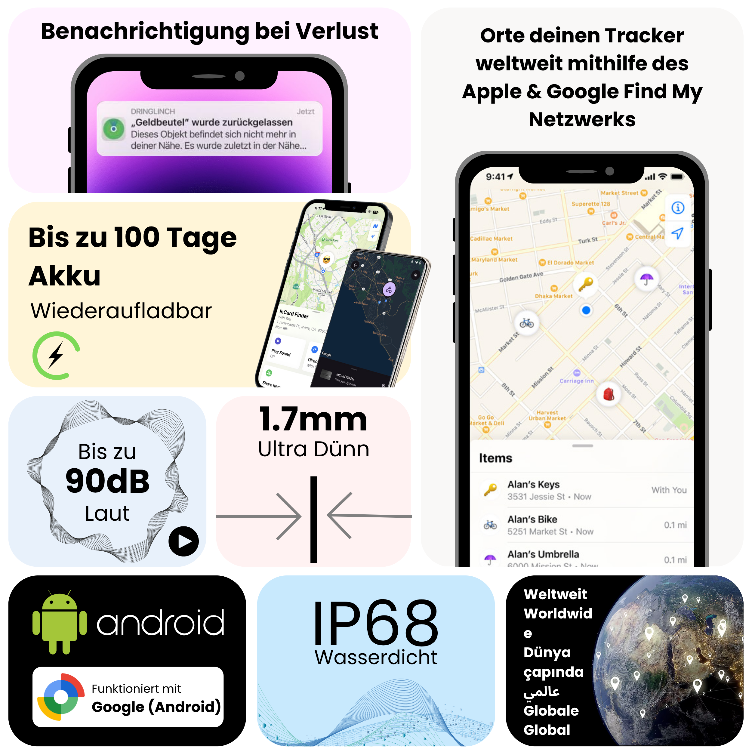 Das Bild zeigt ein Telefon, das eine Karte, ein Akkusymbol und andere informative Grafiken und Text anzeigt.