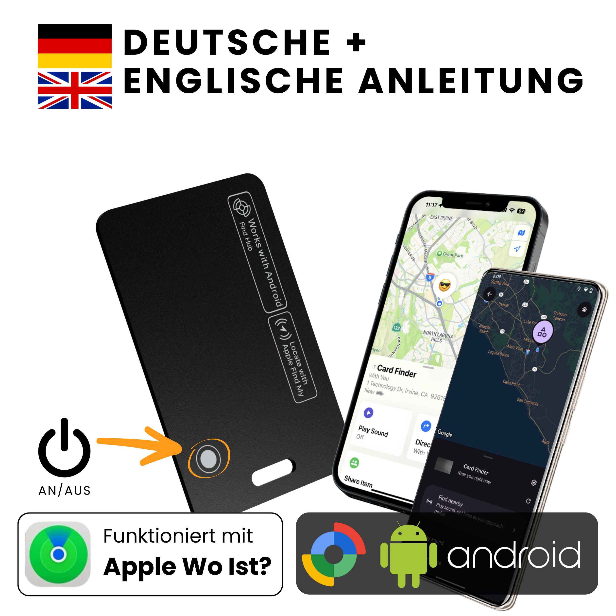 Das Bild zeigt ein schwarzes Gerät, zwei Telefone mit Karten und Logos für Android und Apple. Text auf Englisch und Deutsch.