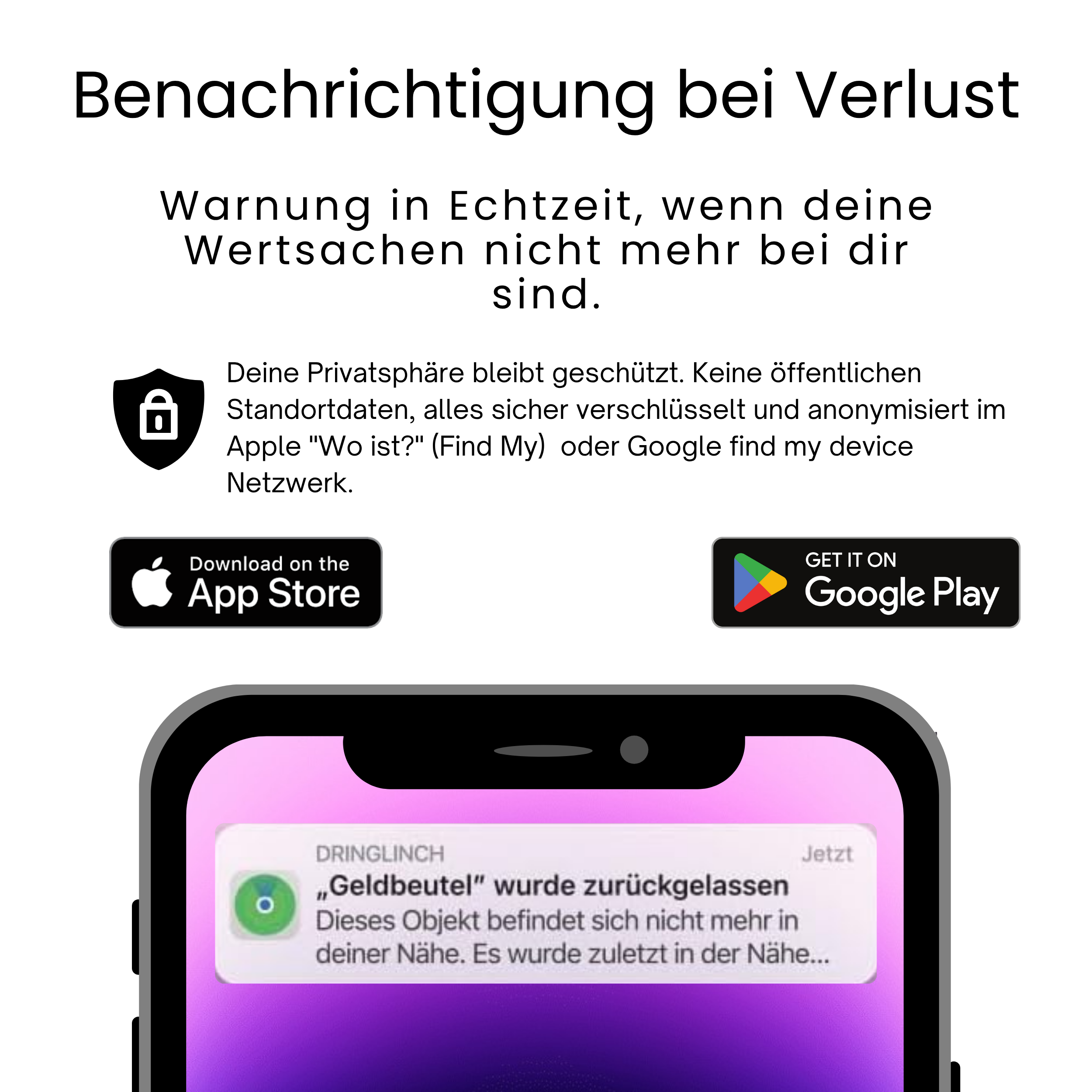 Das Bild zeigt ein Telefon mit einer Benachrichtigung über einen verlorenen Gegenstand sowie App-Store-Download-Schaltflächen.