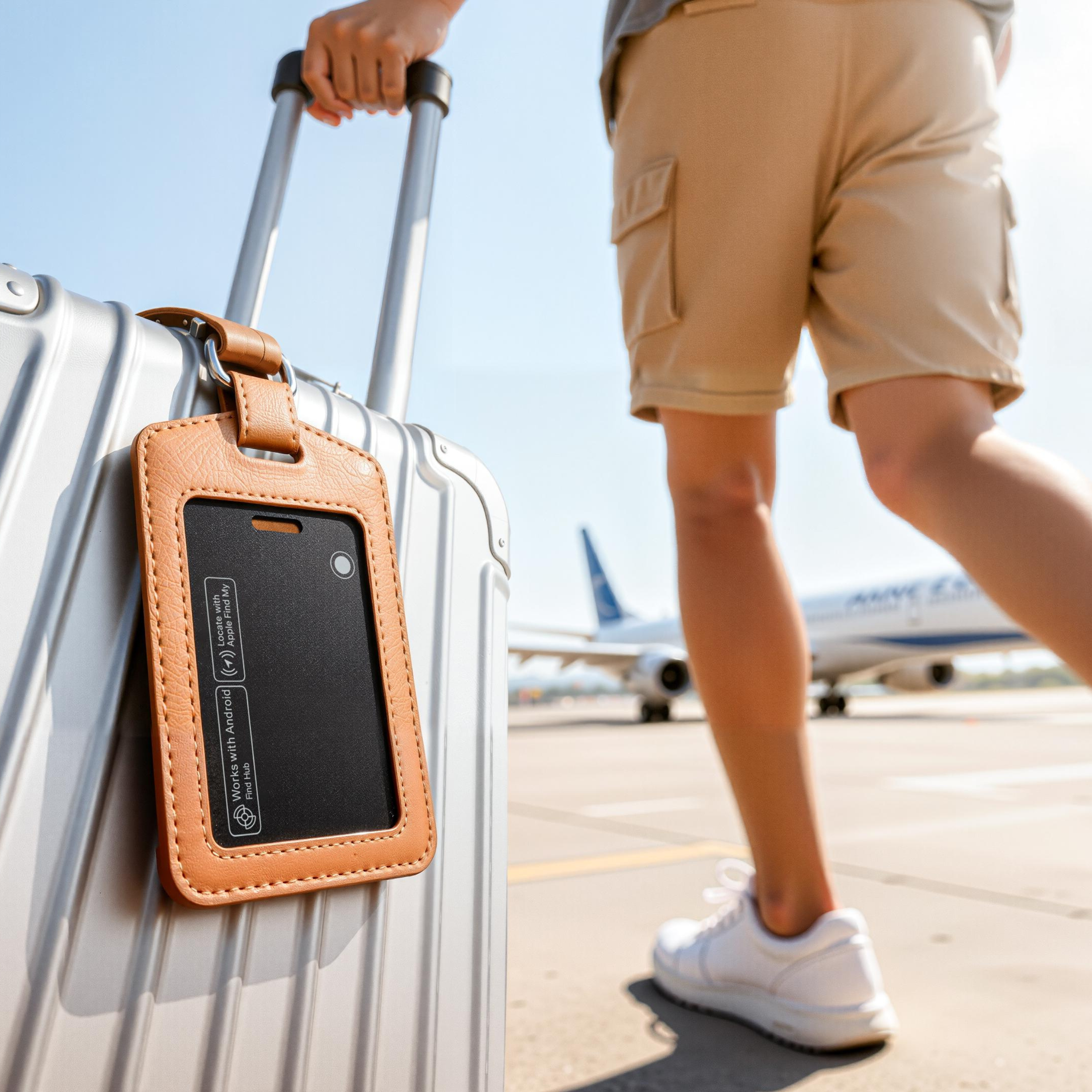 Eine Person geht mit einem Koffer am Flughafen. Ein Gepäckanhänger hängt. Ein Flugzeug ist im Hintergrund.