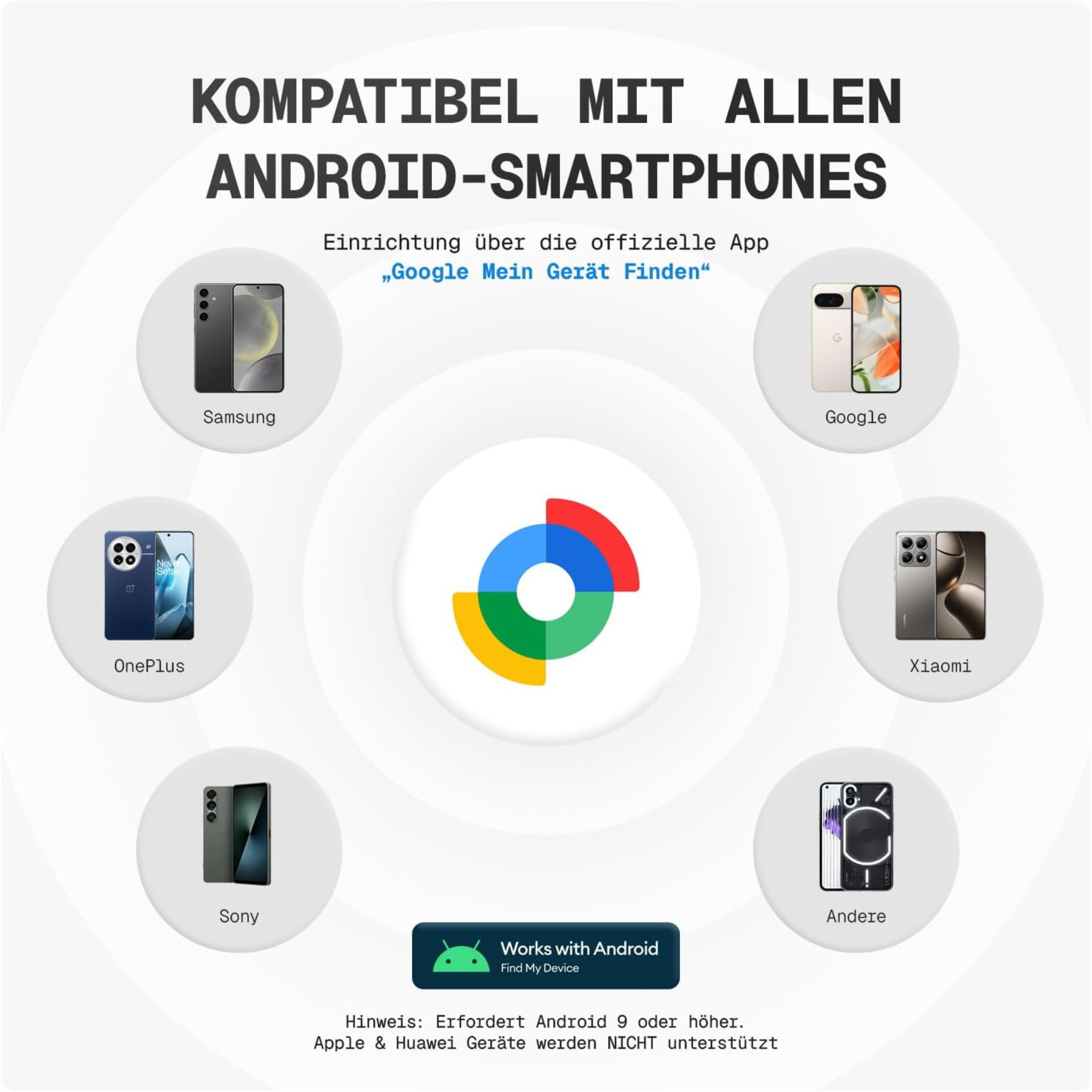 Das Bild zeigt Handys von Samsung, Google, OnePlus, Xiaomi, Sony und anderen mit Android-Logo und Text.