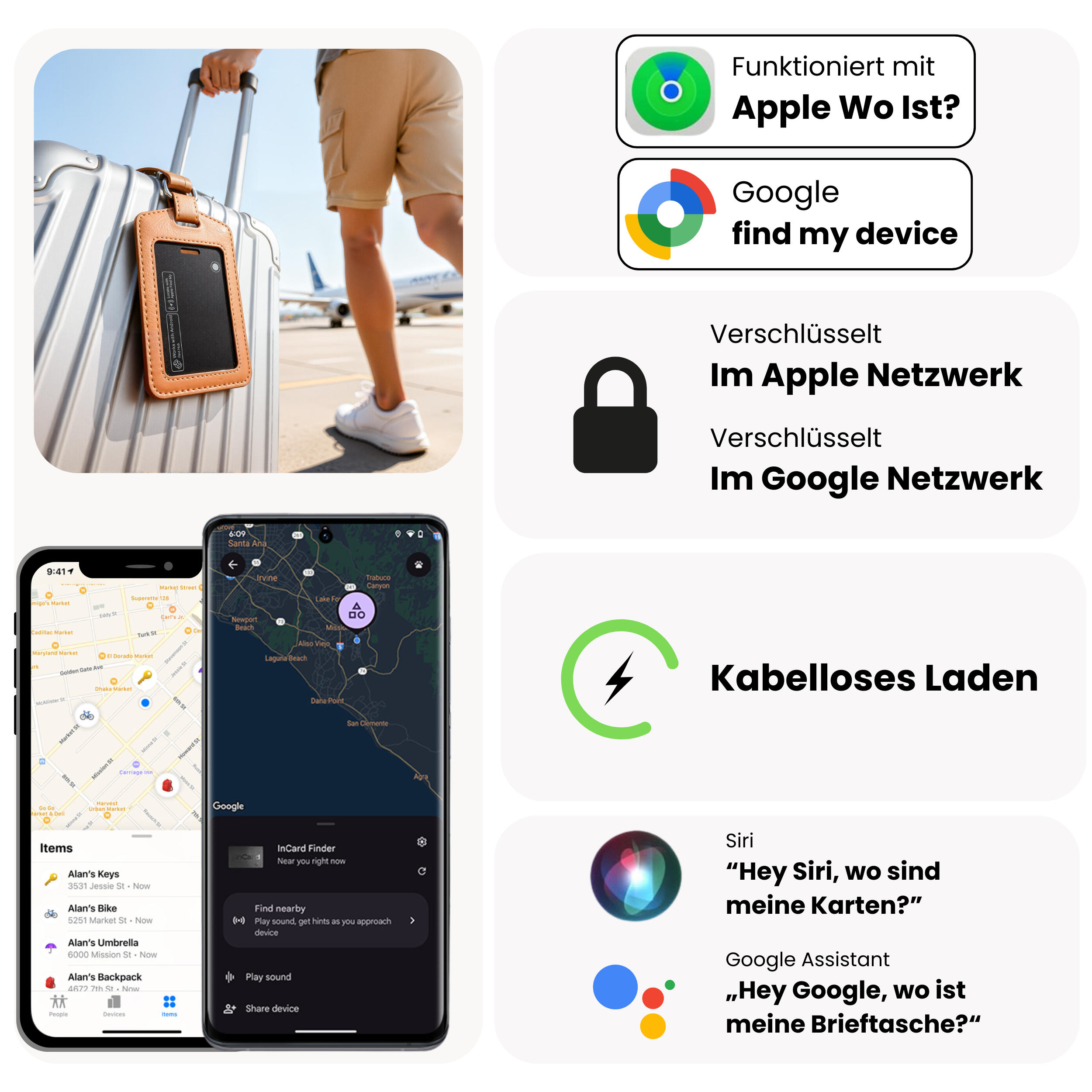Person hält silbernen Koffer mit Anhänger, Flughafen Hintergrund und Telefon-Oberflächen.
