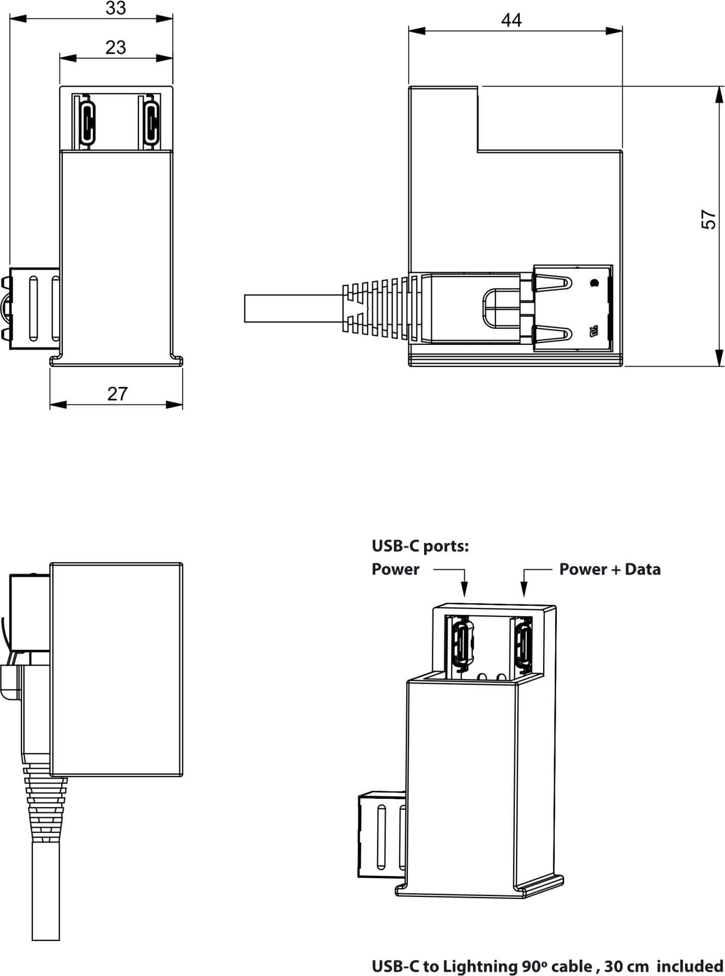 Diagramm eines USB-C-auf-Lightning-Adapters mit Abmessungen. Zeigt Anschlüsse für Strom und Strom + Daten sowie ein 90°-Kabel.