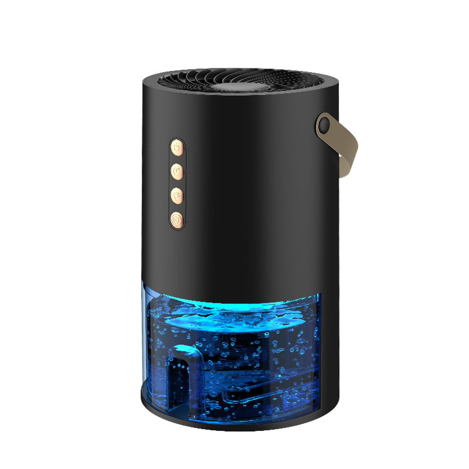 Schwarzer Luftreiniger mit Wassertank. Hat Knöpfe, einen Griff und einen Ventilator. Das Wasser ist blau. Weißer Hintergrund.