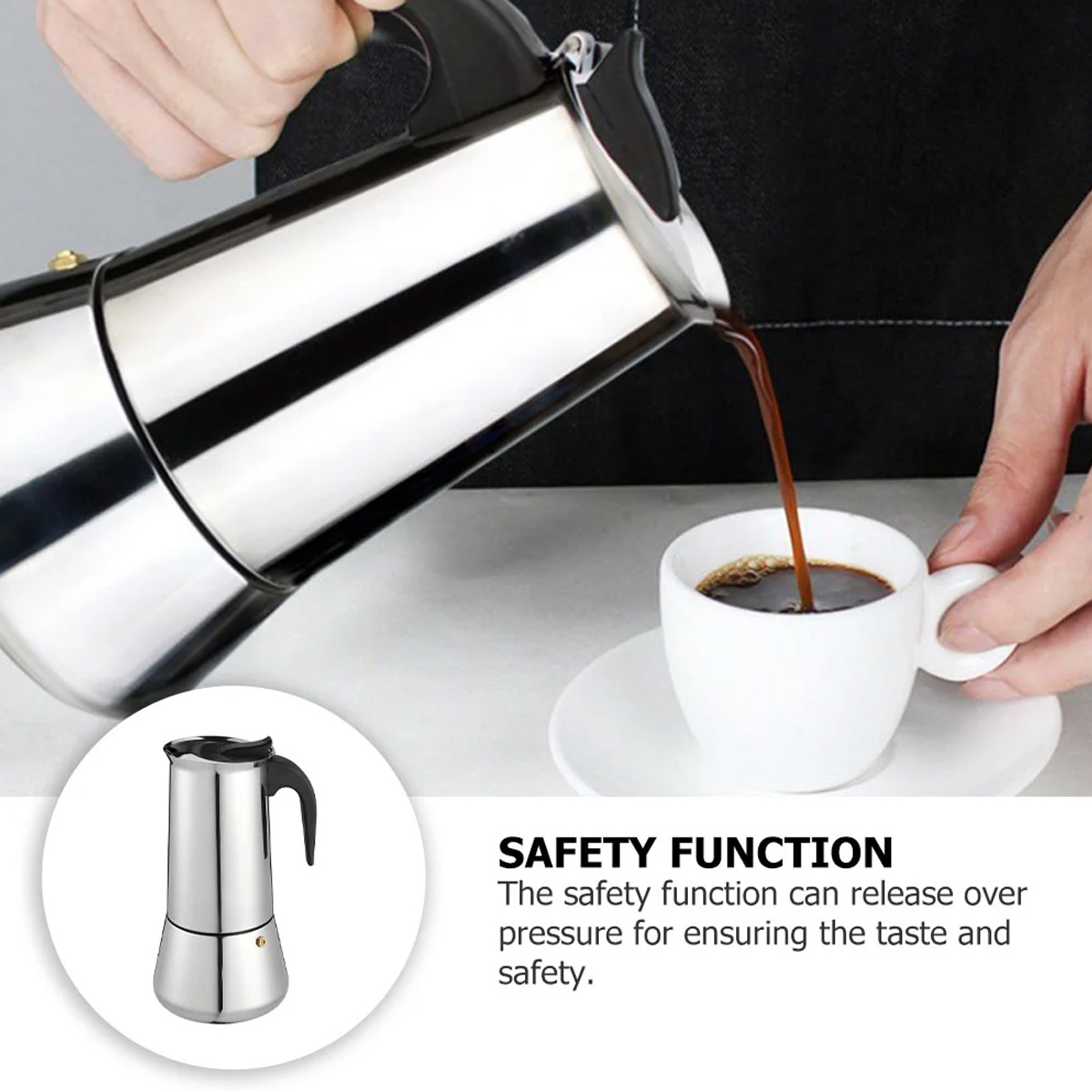 Kaffee wird aus einem Edelstahl-Kaffeebereiter in eine weiße Tasse gegossen. Ein kleines Bild des Bereiters ist in der Ecke.