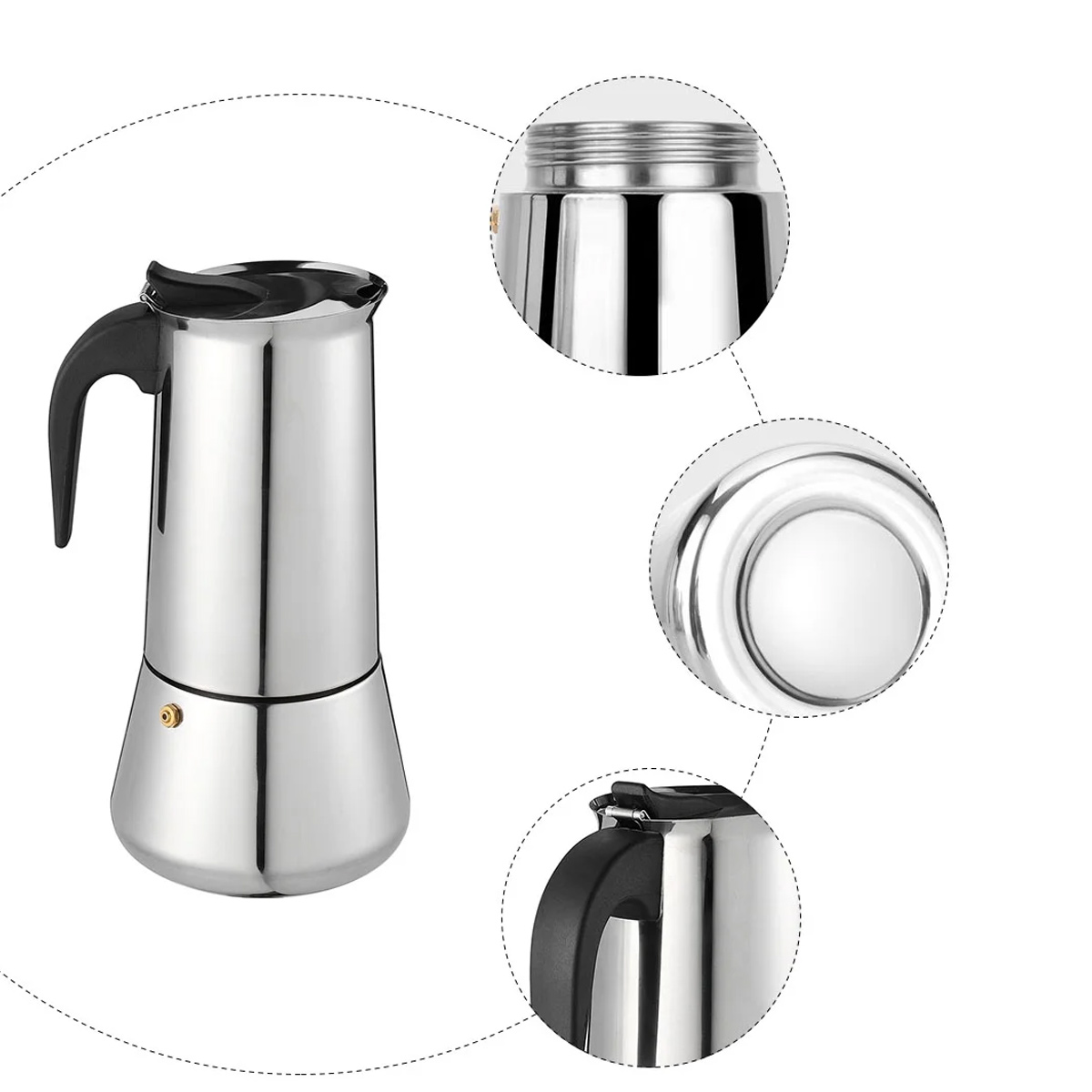 Ein Espressokocher aus Edelstahl mit schwarzem Griff und Deckel. Es werden auch mehrere Detailansichten gezeigt.